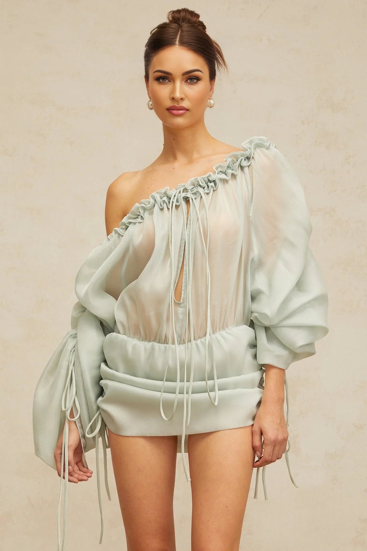 Zelinda Mini Dress Light Green Ruffled One - Shoulder & Open - Back