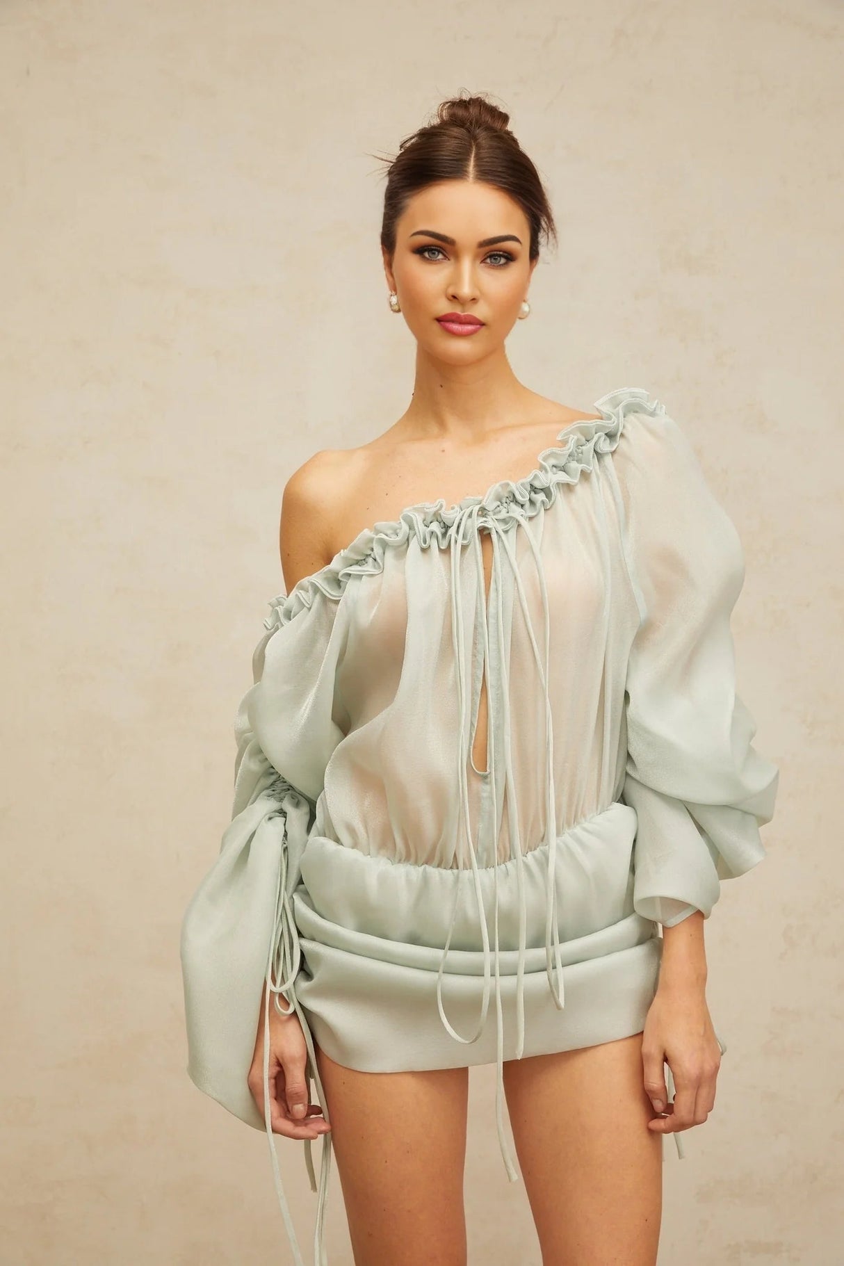 Zelinda Mini Dress Light Green Ruffled One - Shoulder & Open - Back