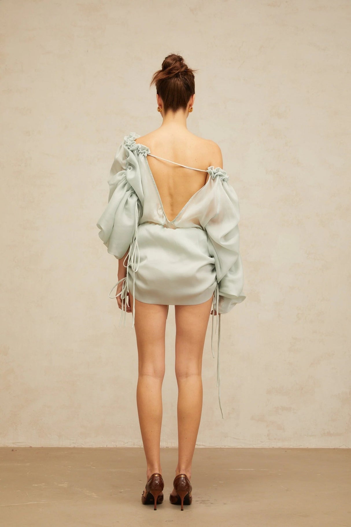 Zelinda Mini Dress Light Green Ruffled One - Shoulder & Open - Back