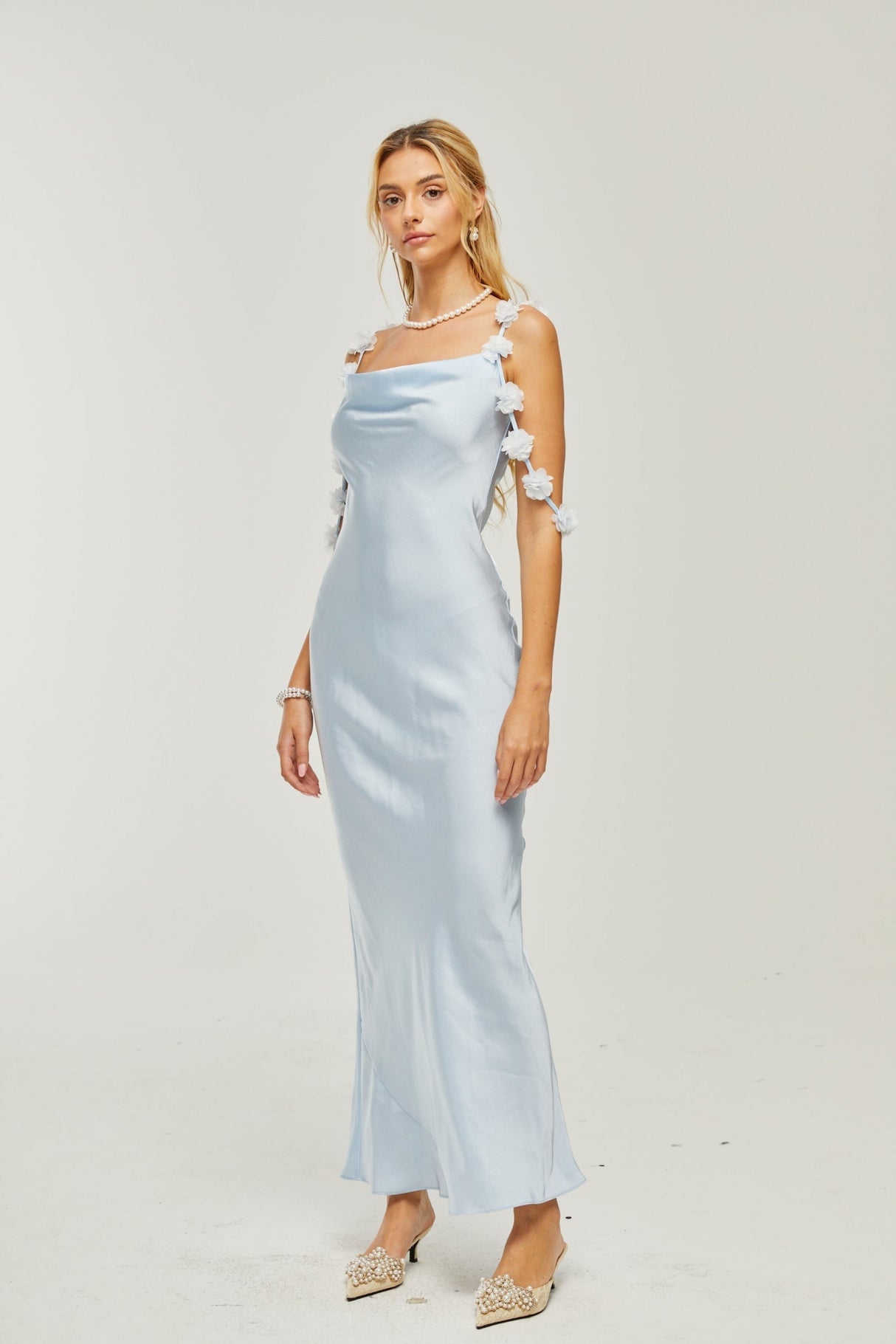 Zelmira Floral Maxi Dress in Light Blue Satin with Cowl Neck and Low Back Design