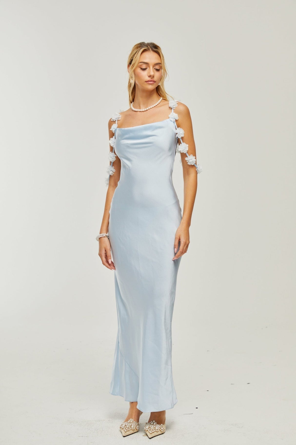 Zelmira Floral Maxi Dress in Light Blue Satin with Cowl Neck and Low Back Design