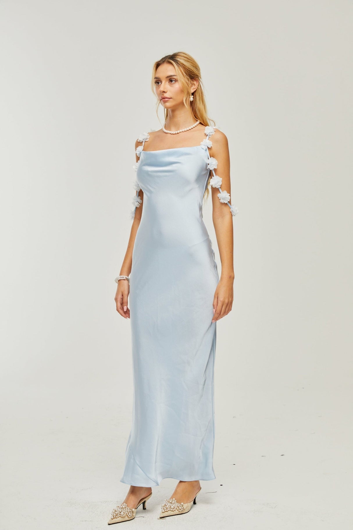 Zelmira Floral Maxi Dress in Light Blue Satin with Cowl Neck and Low Back Design