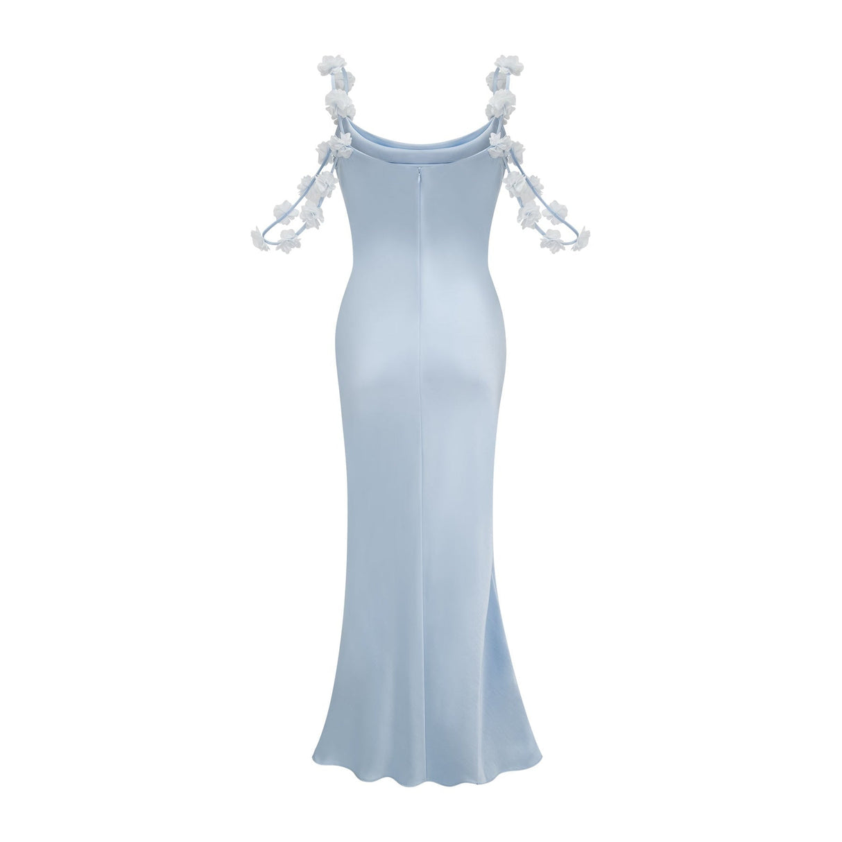 Zelmira Floral Maxi Dress in Light Blue Satin with Cowl Neck and Low Back Design