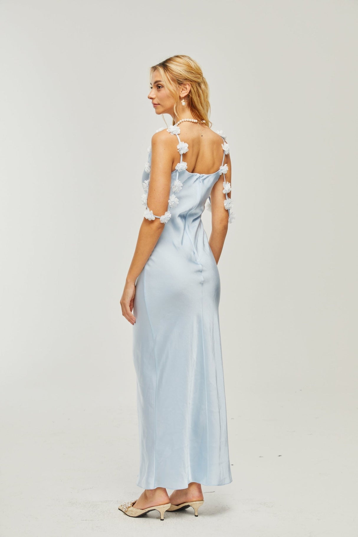 Zelmira Floral Maxi Dress in Light Blue Satin with Cowl Neck and Low Back Design