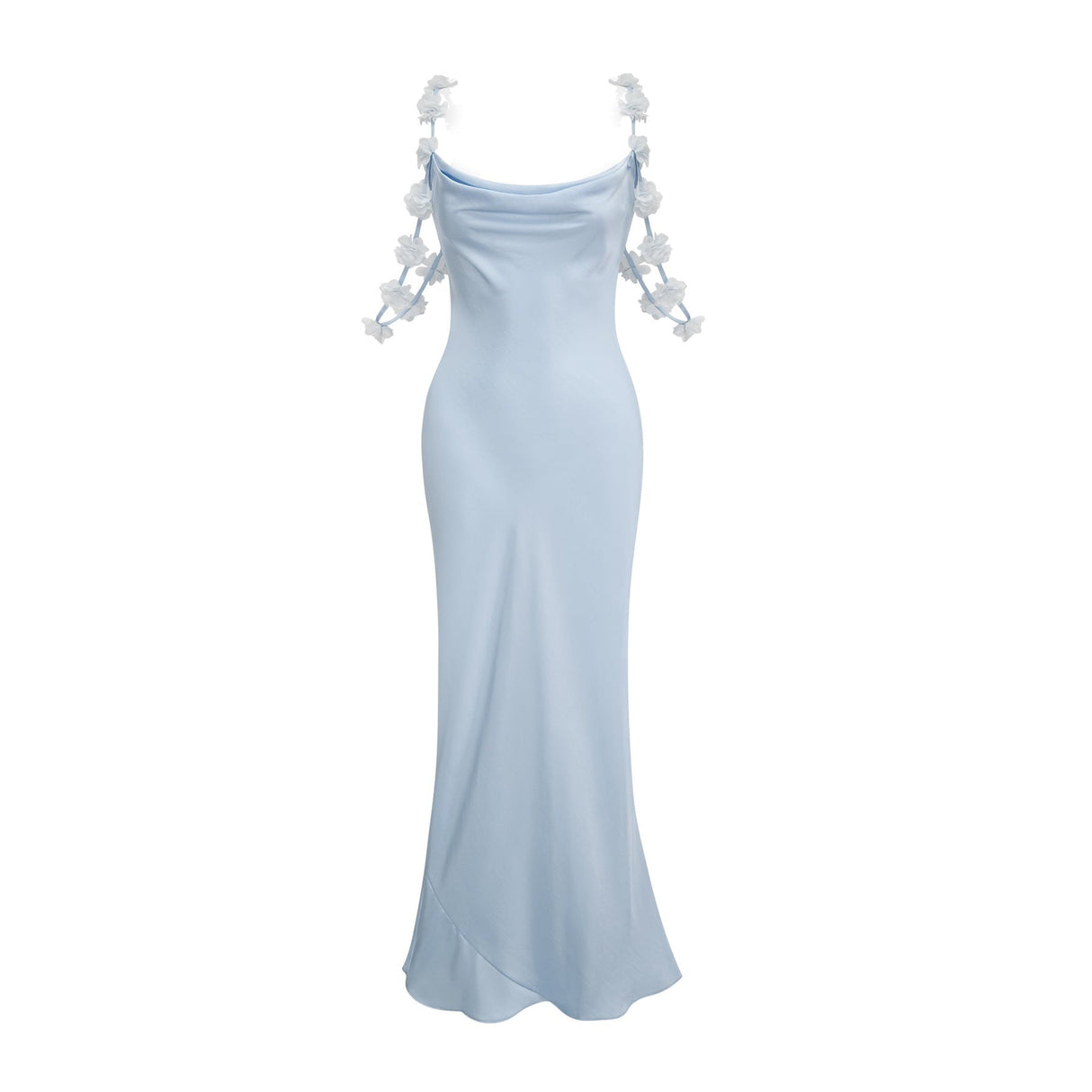 Zelmira Floral Maxi Dress in Light Blue Satin with Cowl Neck and Low Back Design