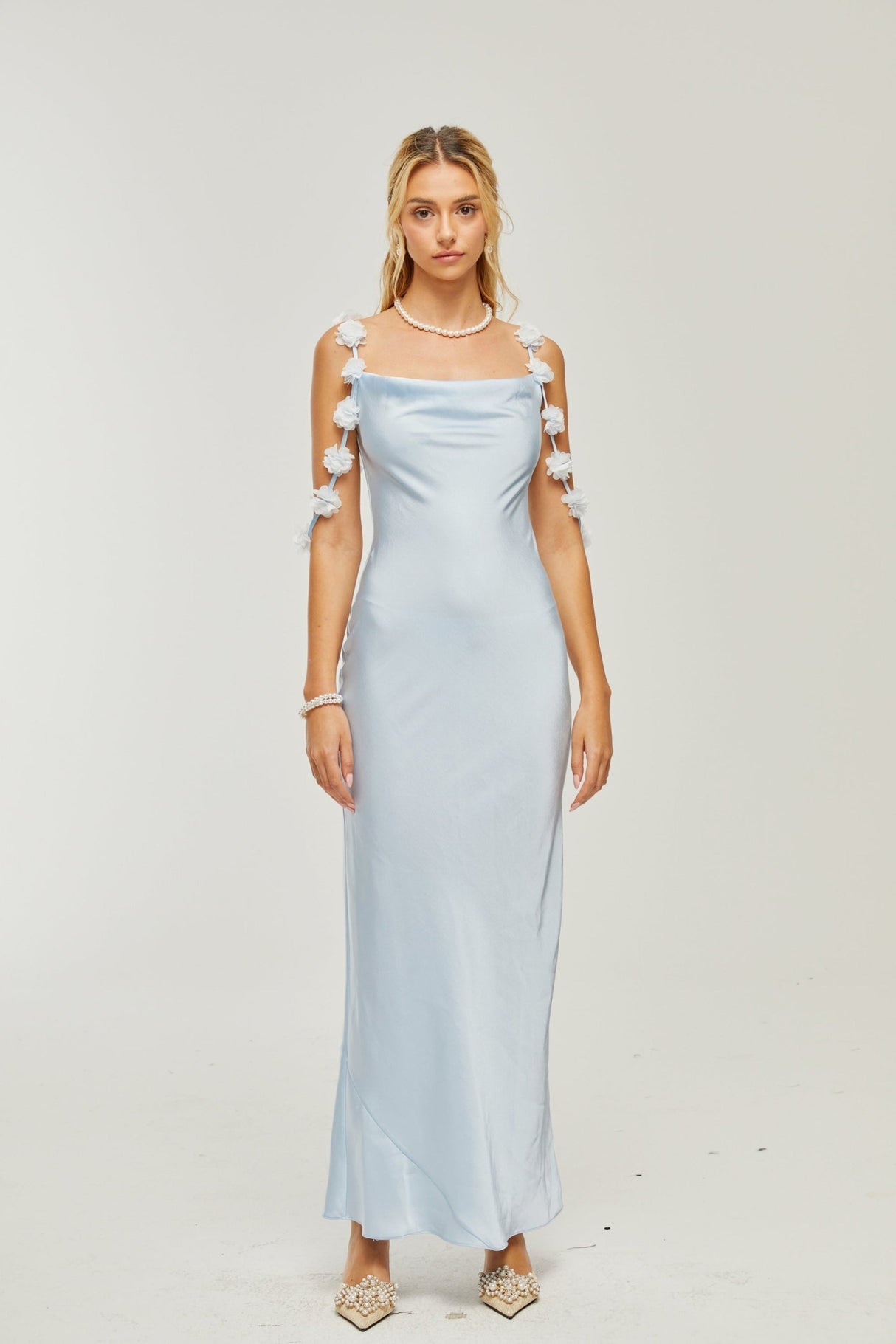 Zelmira Floral Maxi Dress in Light Blue Satin with Cowl Neck and Low Back Design