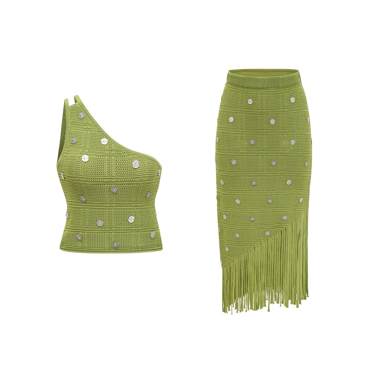 Zelmira Top & Skirt Set Green Embellished Knit Cropped Fringed Calf - Length