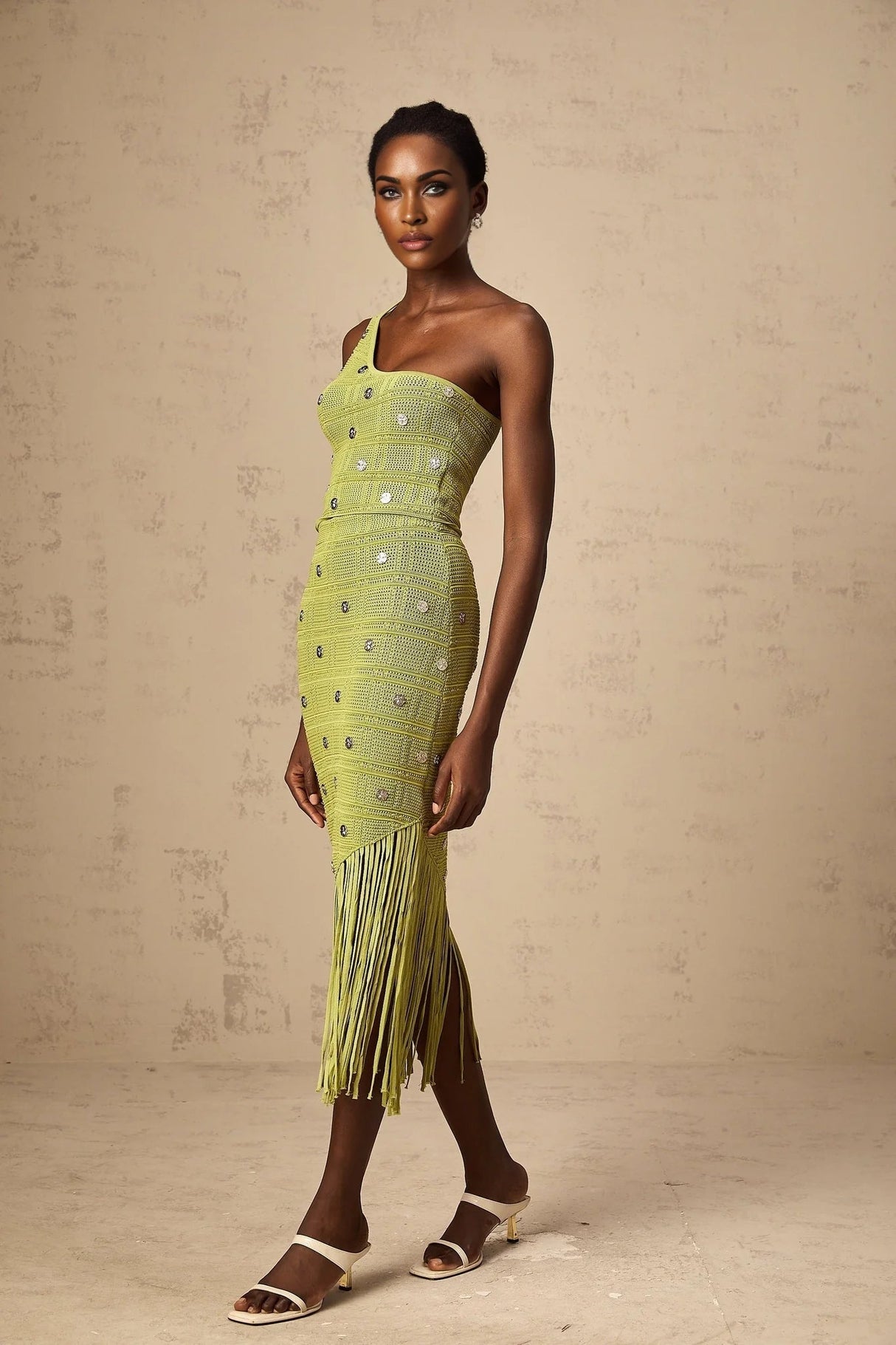 Zelmira Top & Skirt Set Green Embellished Knit Cropped Fringed Calf - Length