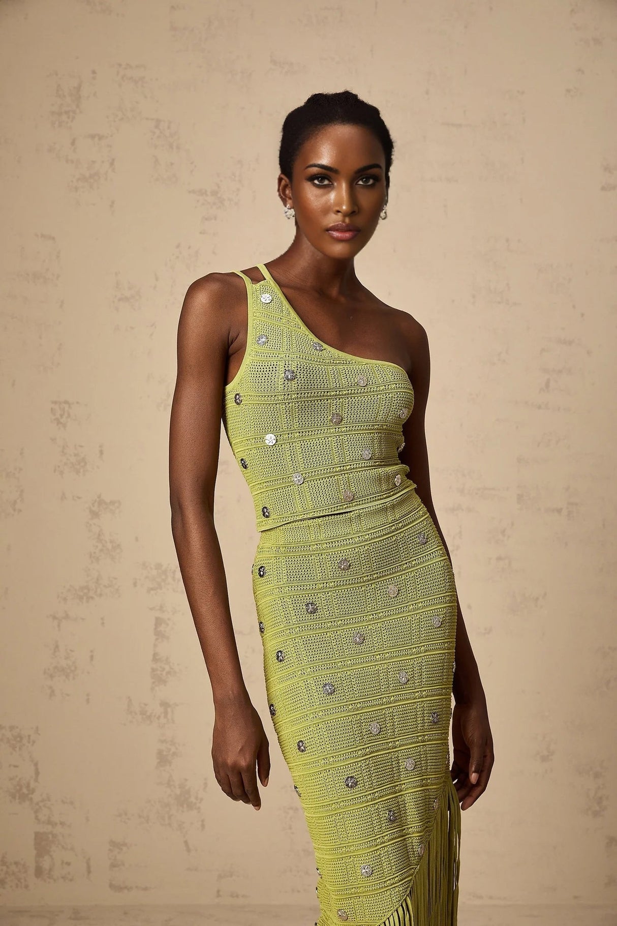 Zelmira Top & Skirt Set Green Embellished Knit Cropped Fringed Calf - Length