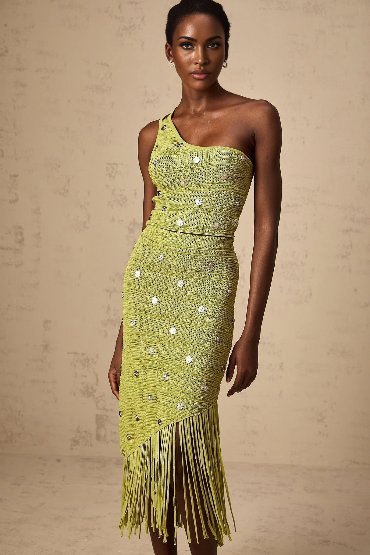 Zelmira Top & Skirt Set Green Embellished Knit Cropped Fringed Calf - Length