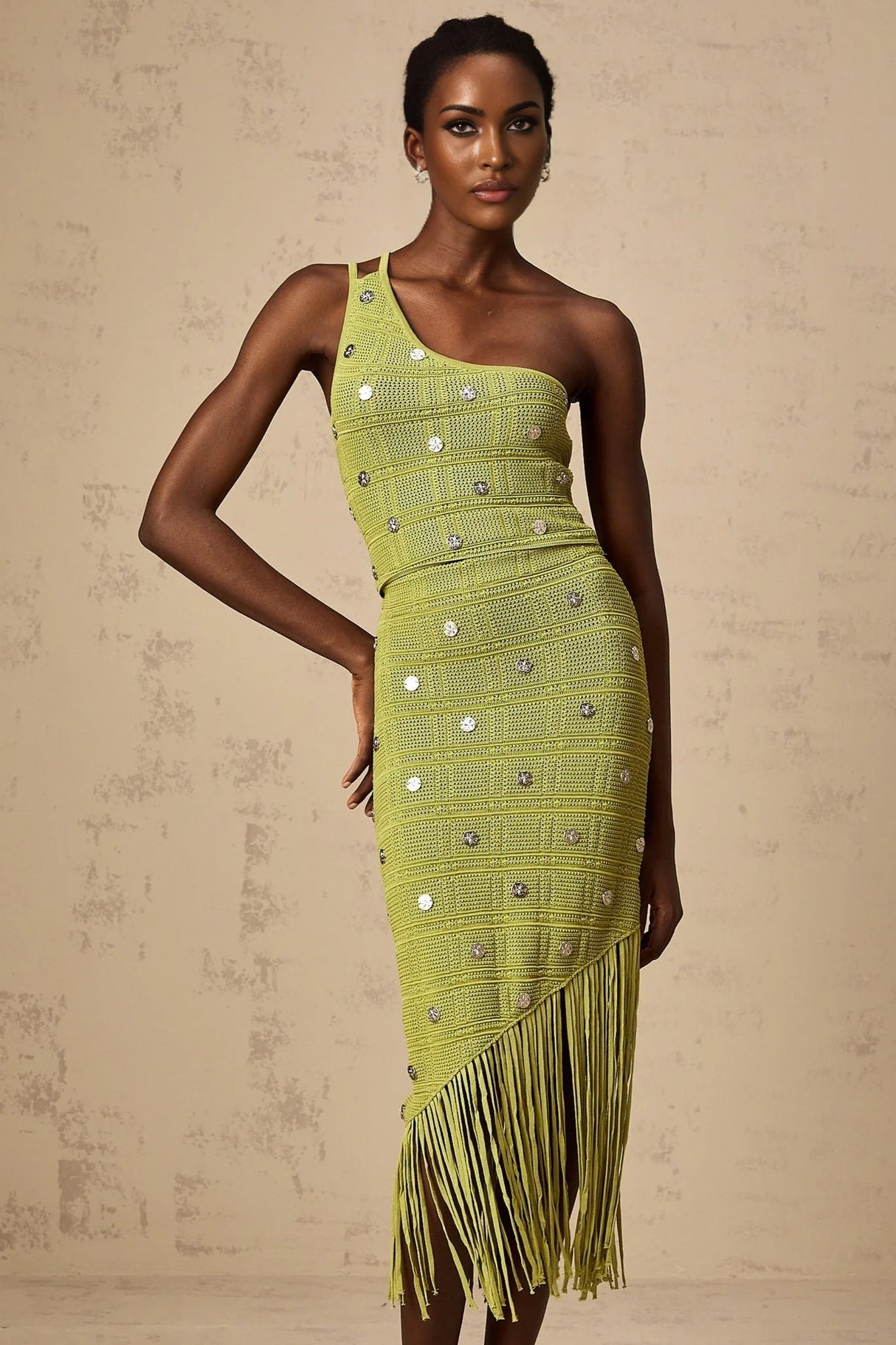 Zelmira Top & Skirt Set Green Embellished Knit Cropped Fringed Calf - Length