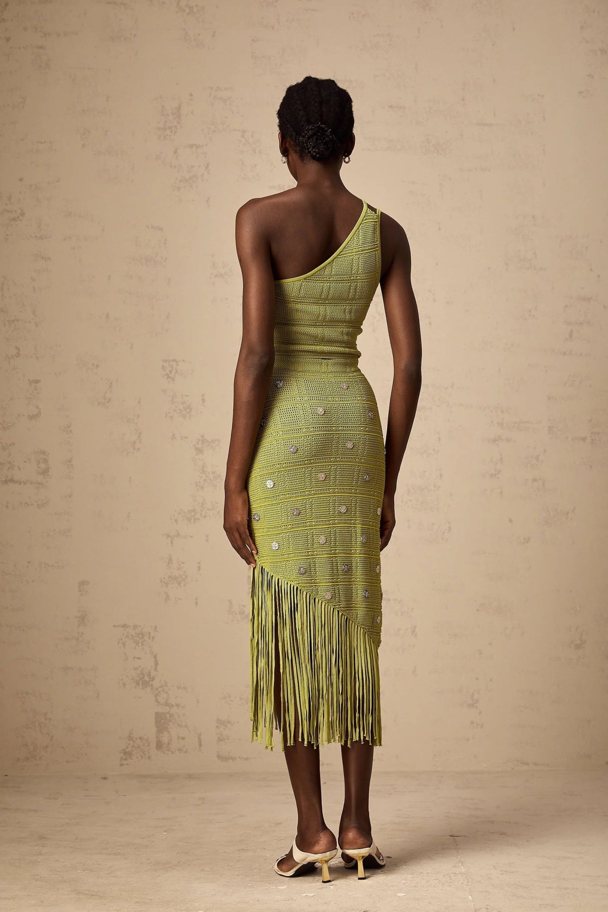 Zelmira Top & Skirt Set Green Embellished Knit Cropped Fringed Calf - Length