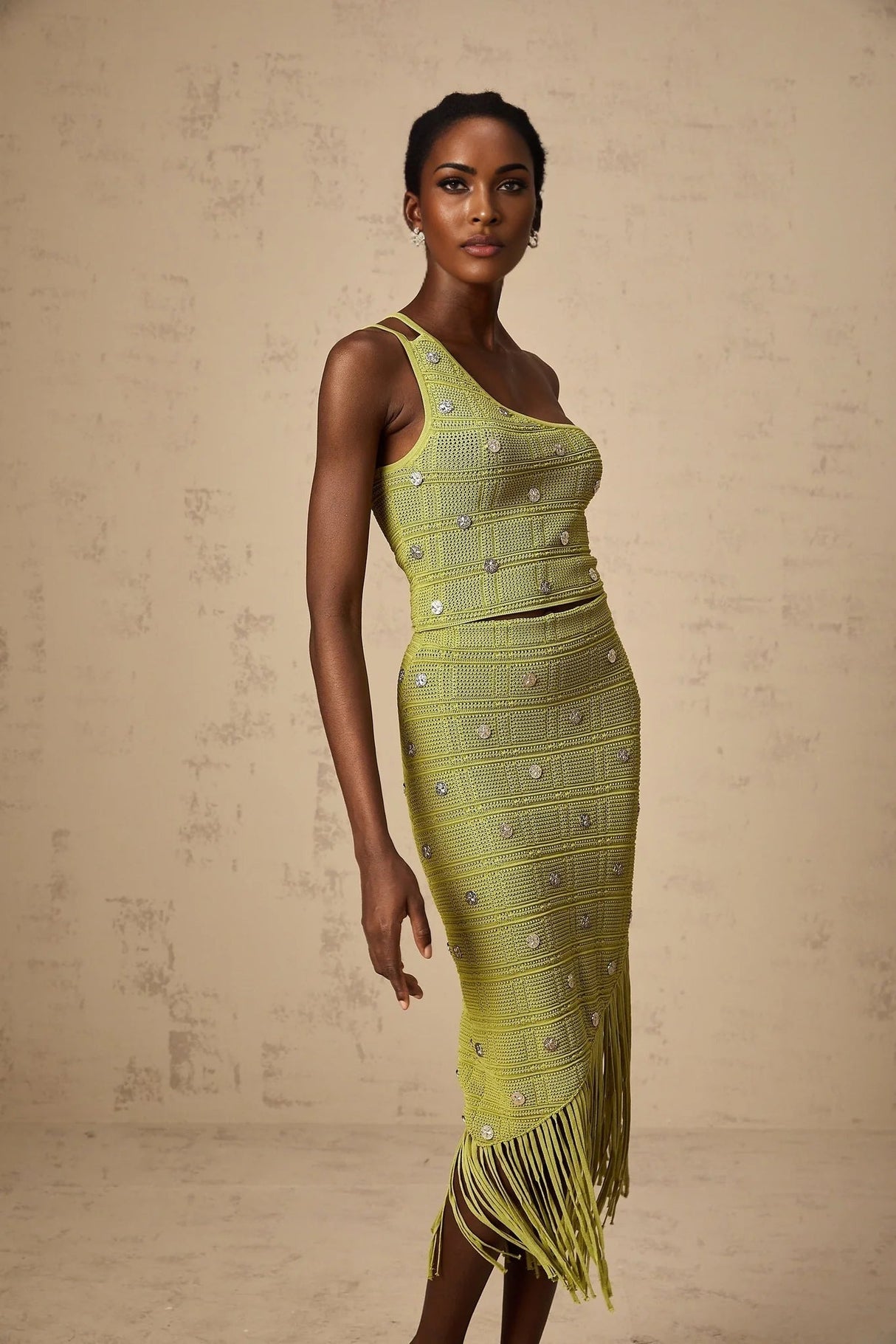 Zelmira Top & Skirt Set Green Embellished Knit Cropped Fringed Calf - Length