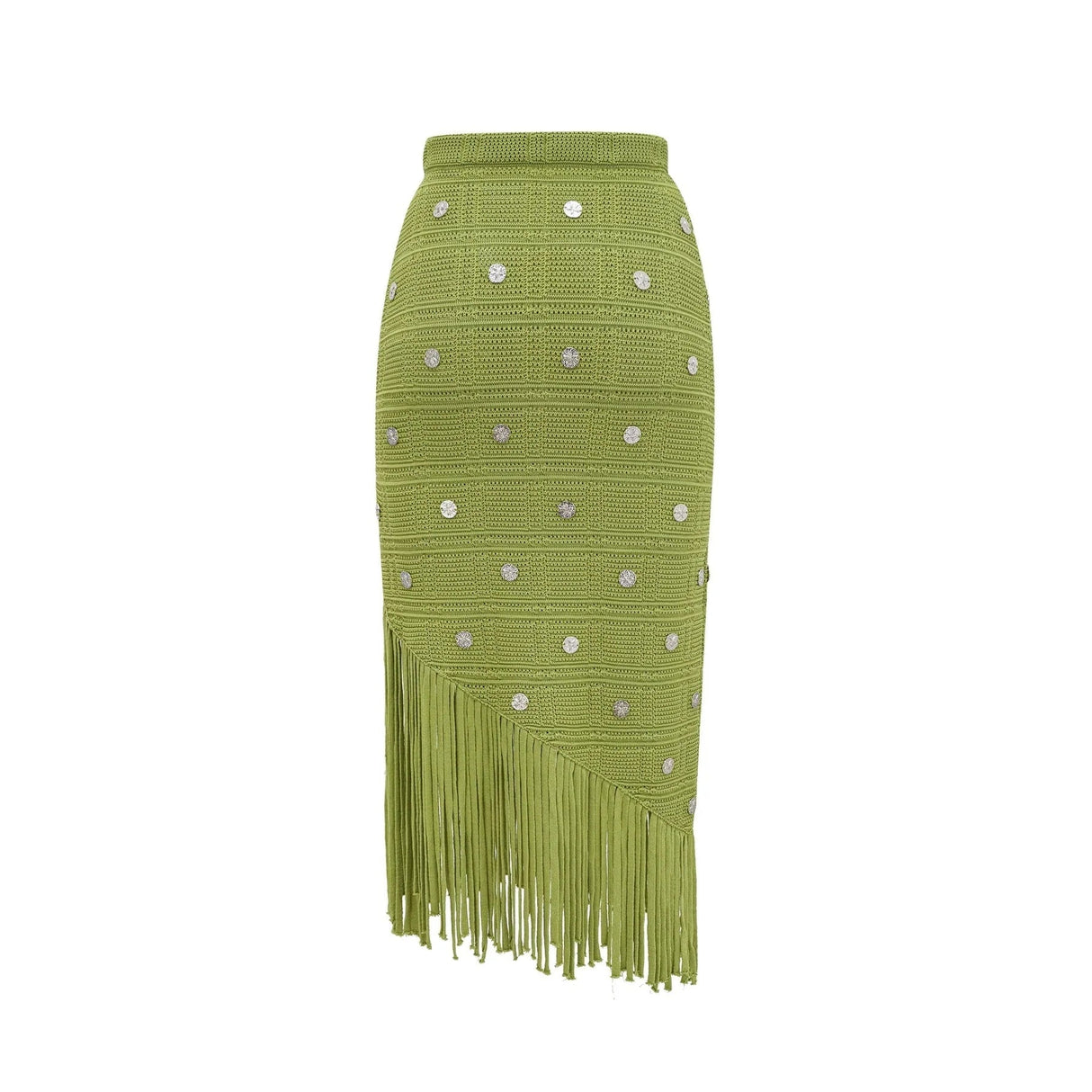 Zelmira Top & Skirt Set Green Embellished Knit Cropped Fringed Calf - Length