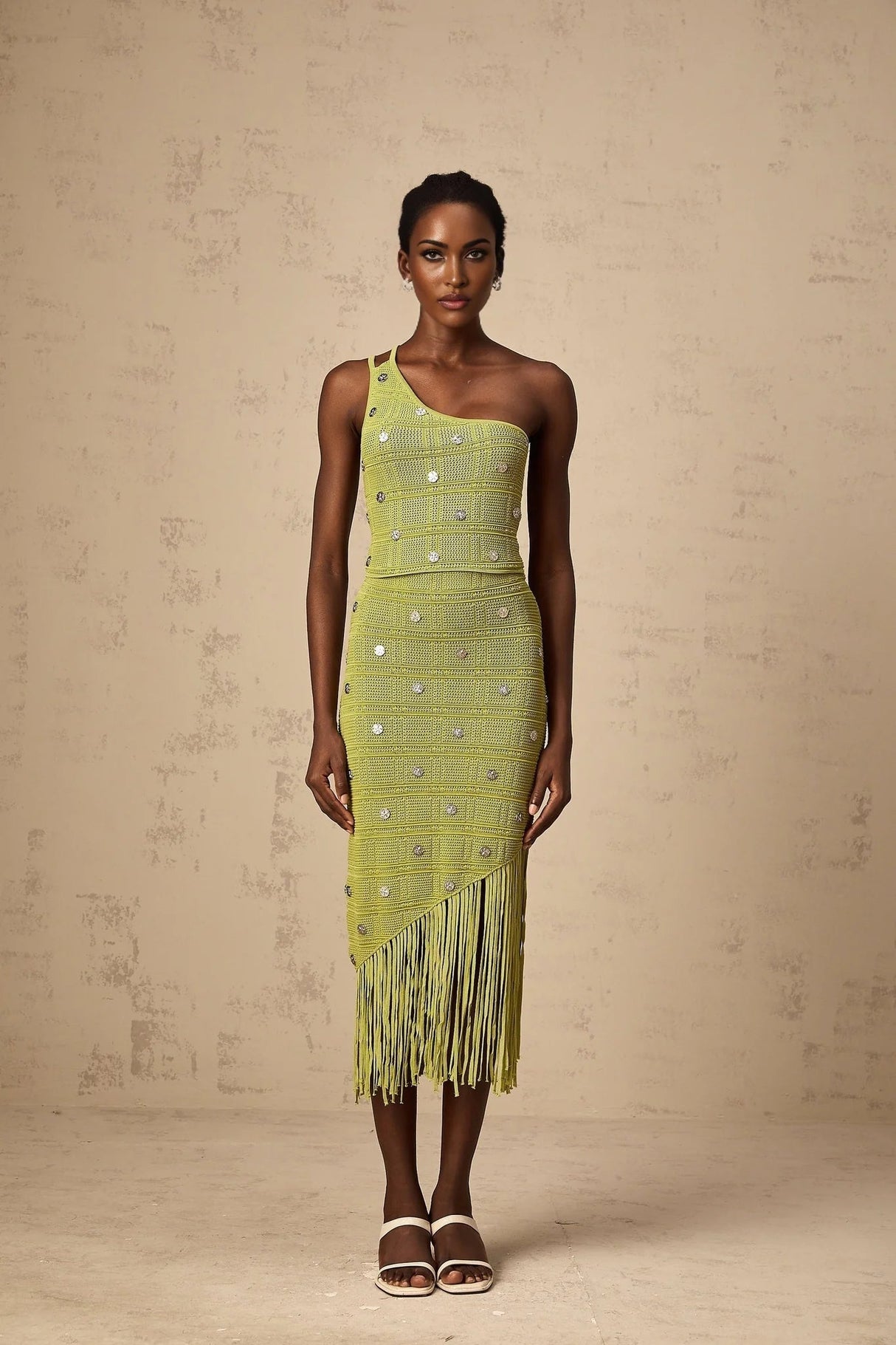 Zelmira Top & Skirt Set Green Embellished Knit Cropped Fringed Calf - Length