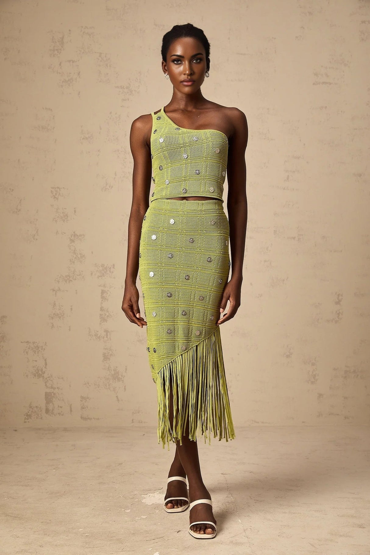 Zelmira Top & Skirt Set Green Embellished Knit Cropped Fringed Calf - Length