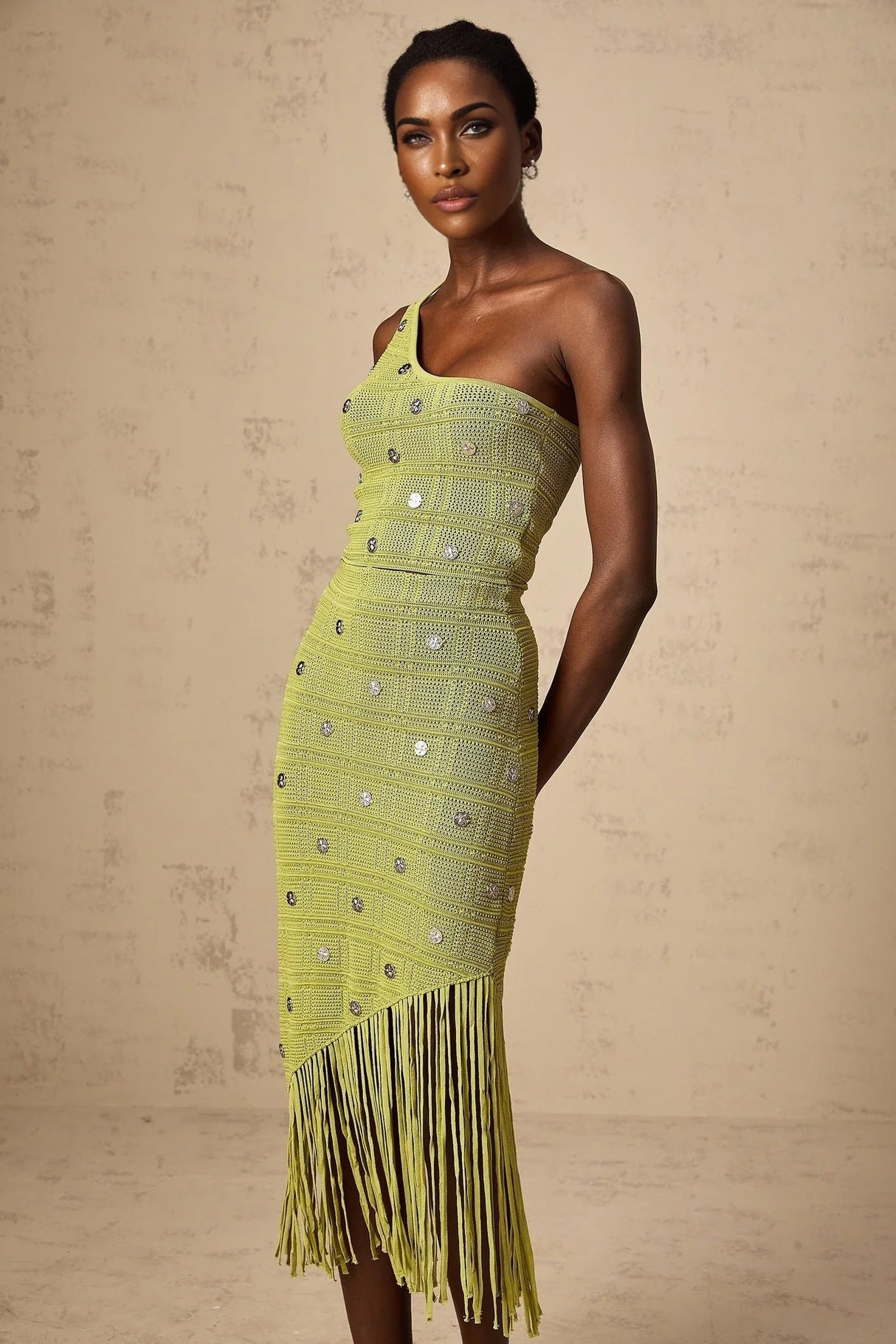 Zelmira Top & Skirt Set Green Embellished Knit Cropped Fringed Calf - Length