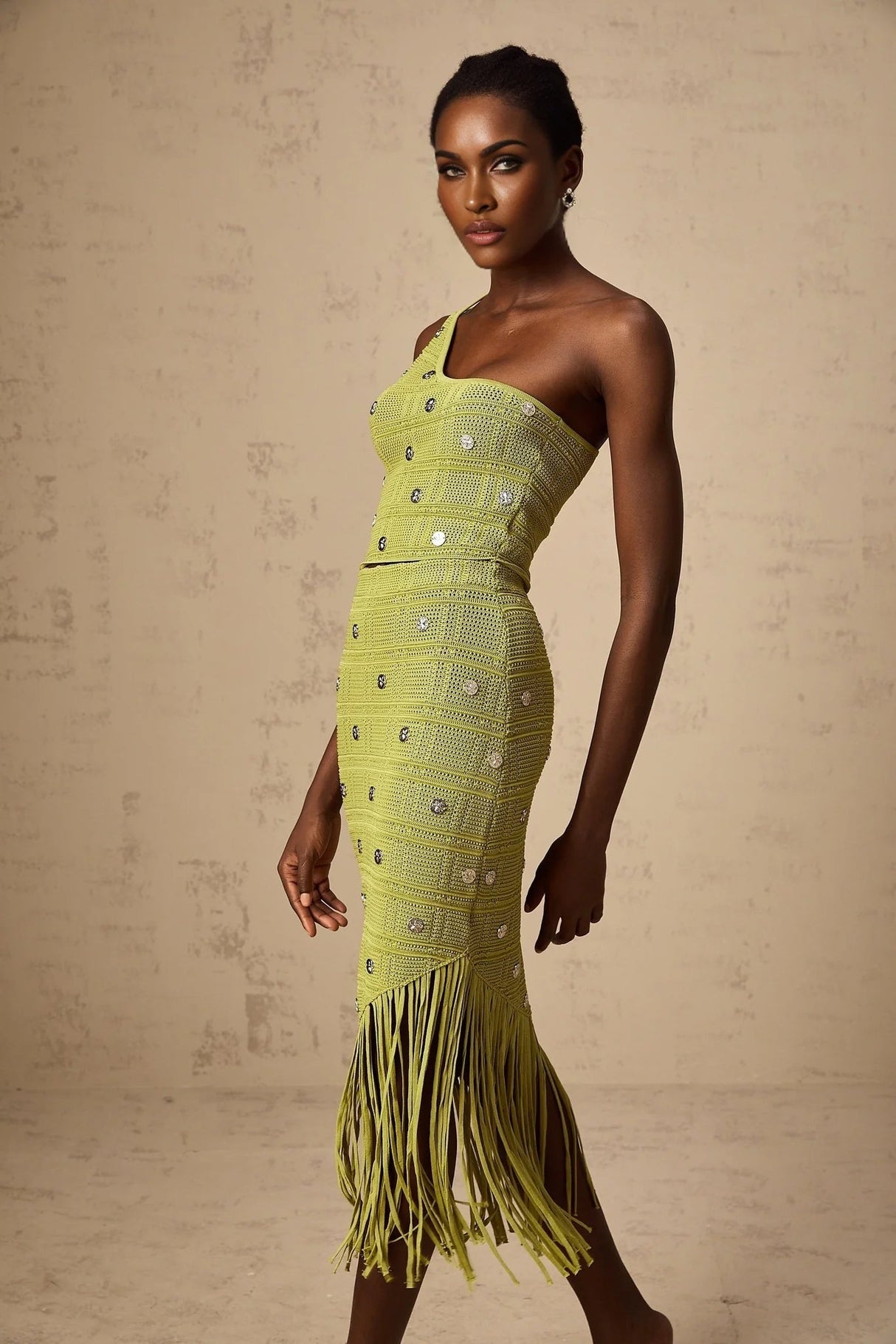 Zelmira Top & Skirt Set Green Embellished Knit Cropped Fringed Calf - Length