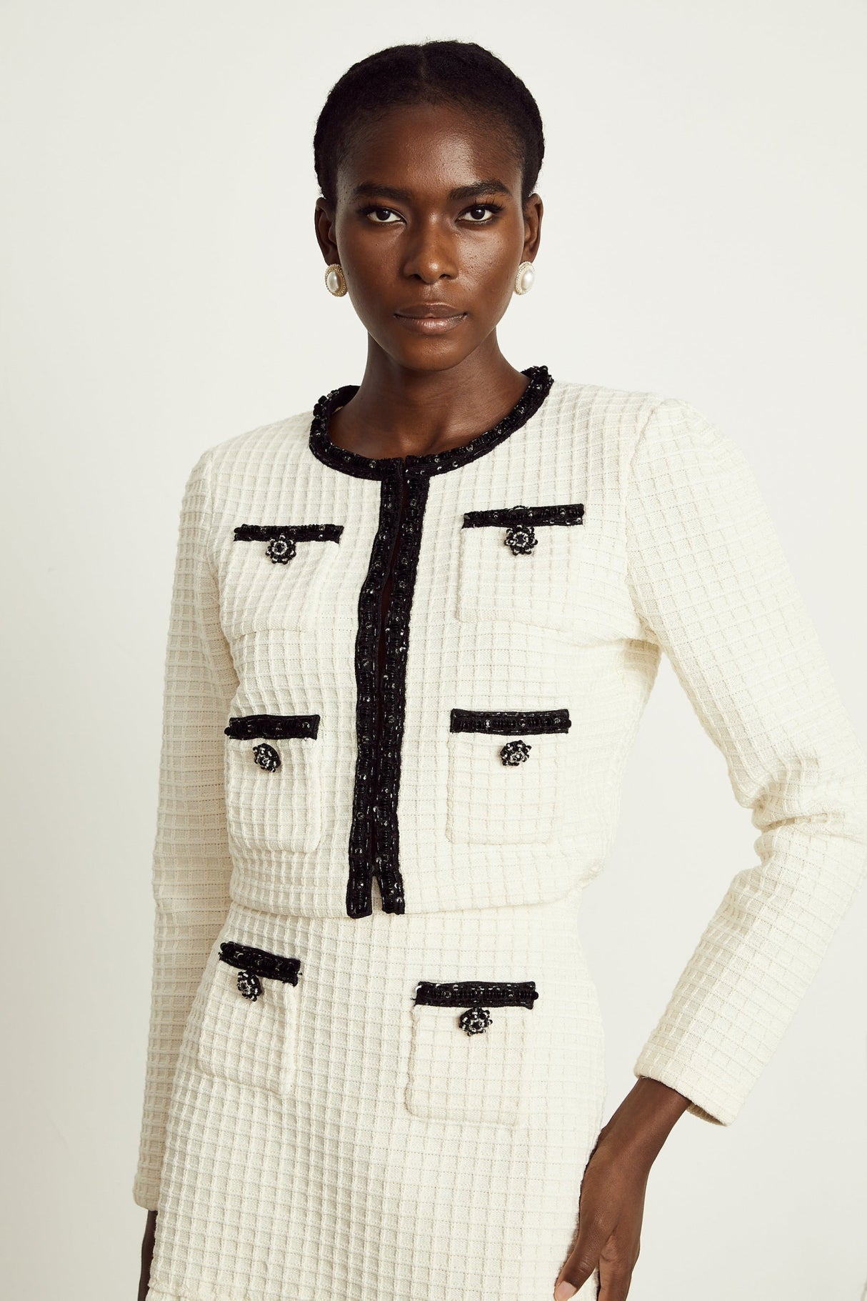 Zita Jacket & Skirt White Waffle Knit Set