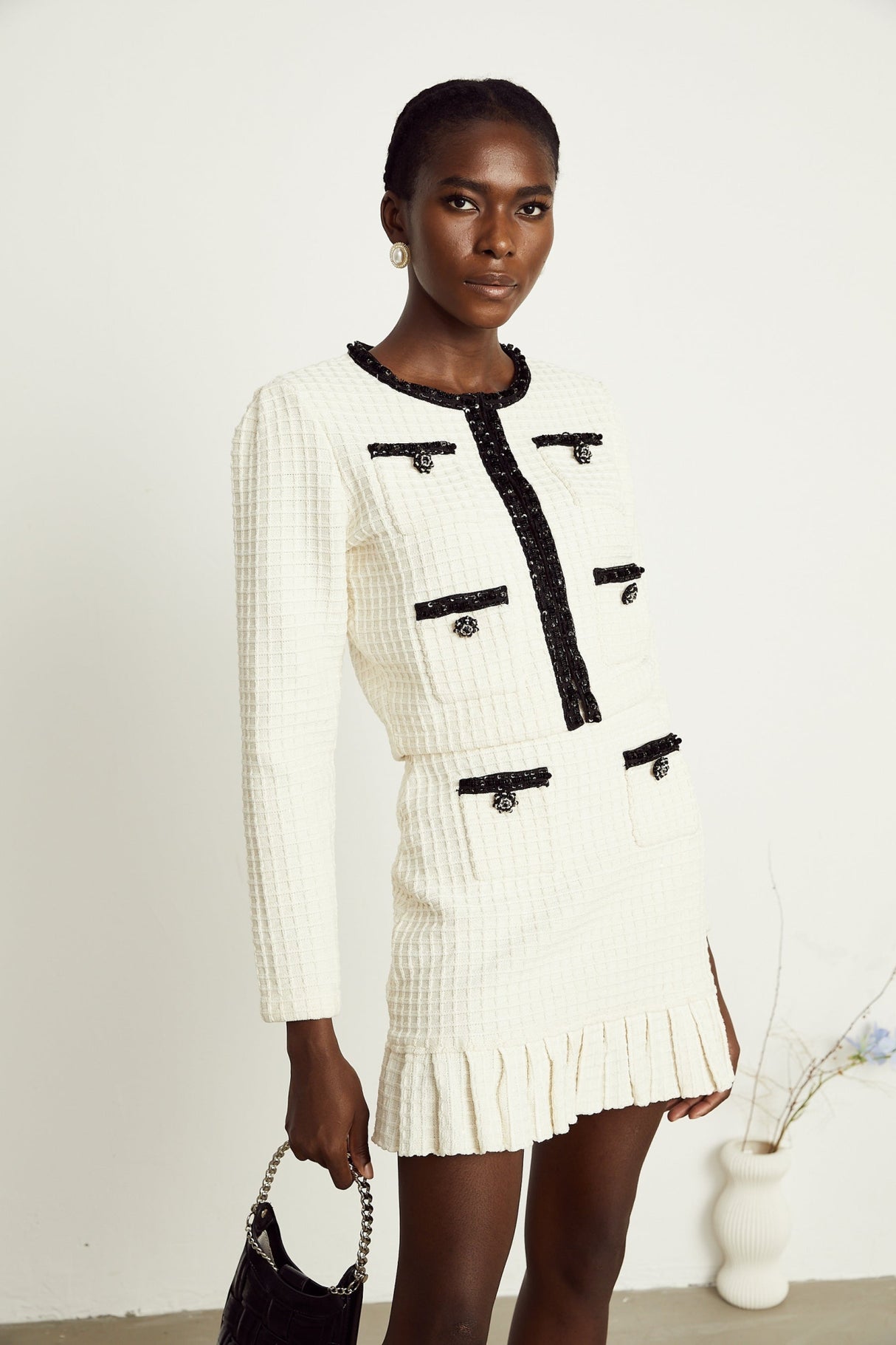 Zita Jacket & Skirt White Waffle Knit Set