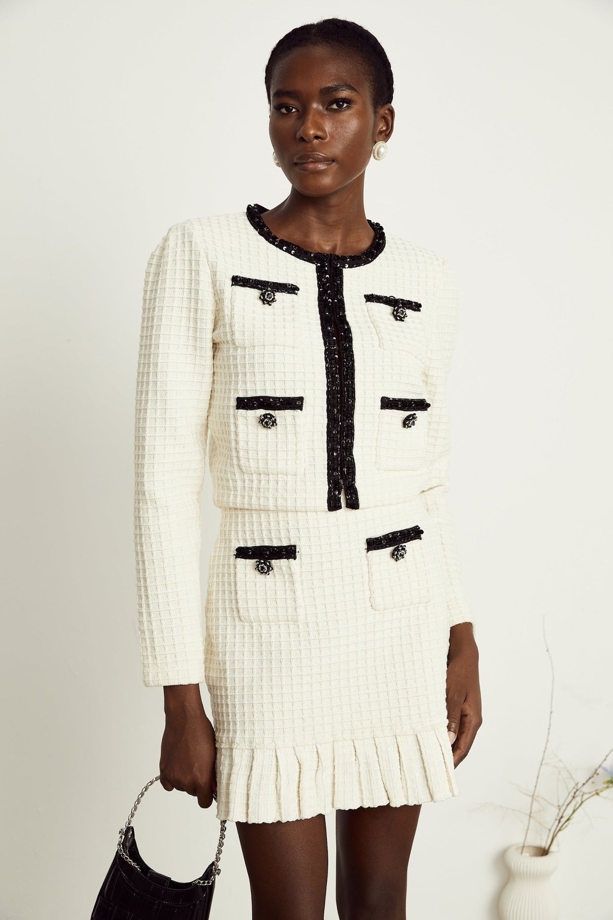 Zita Jacket & Skirt White Waffle Knit Set