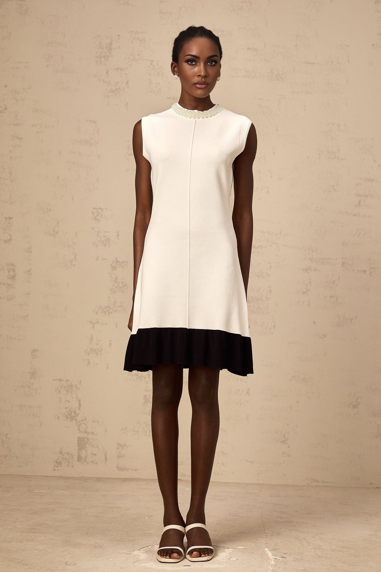 Zita Knitted Cardigan White Black Faux Pearl Embellishment Button