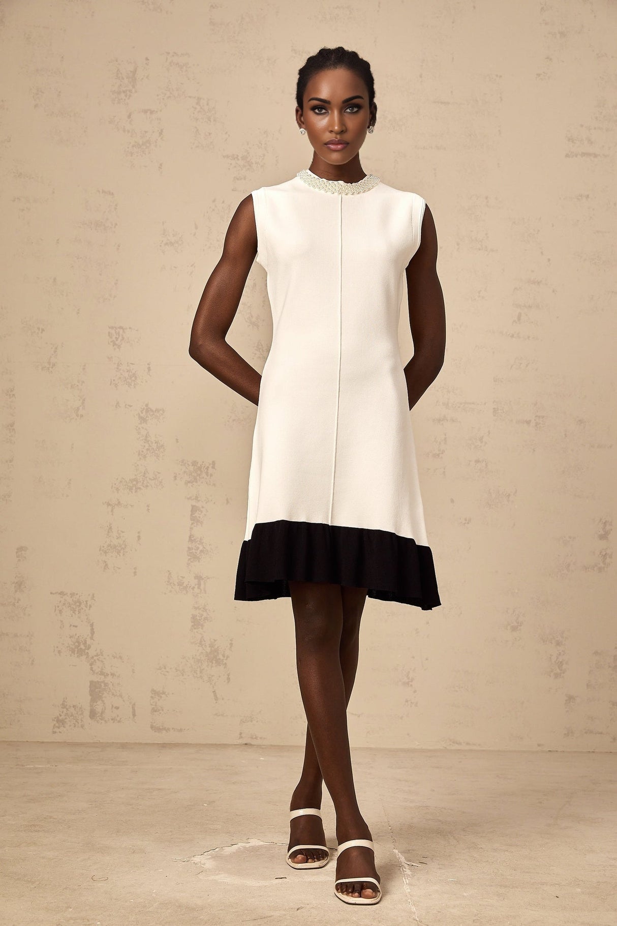 Zita Knitted Cardigan White Black Faux Pearl Embellishment Button