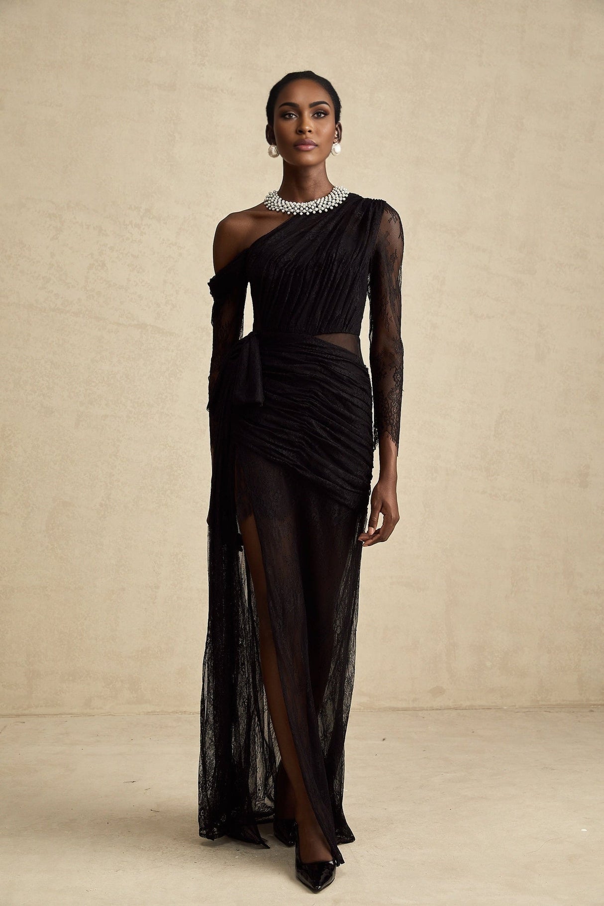 Zita Maxi Dress - Classic Blac - One - Shoulder Asymmetric Design with Lace Detailing