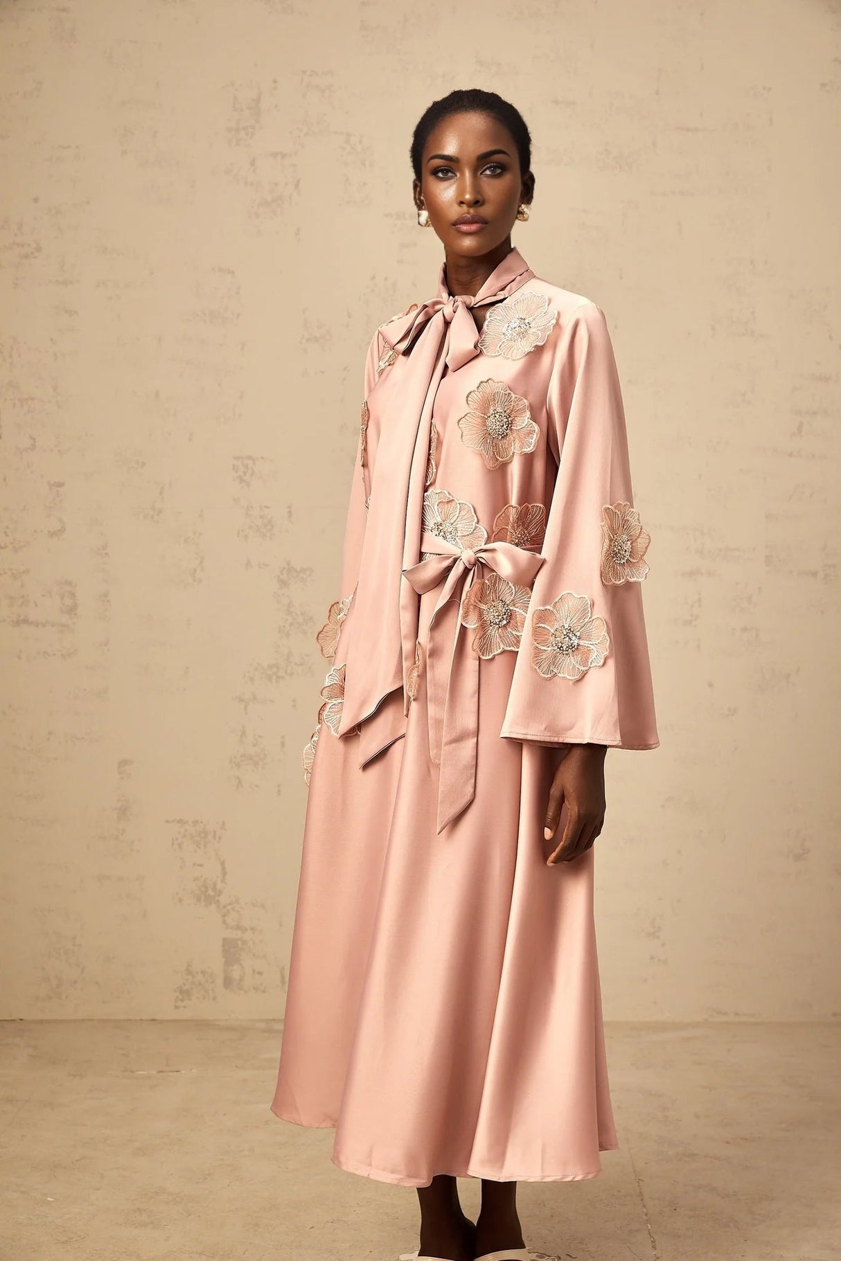 Zita Midi Dress Pink Floral Appliqu Embellished & Flared