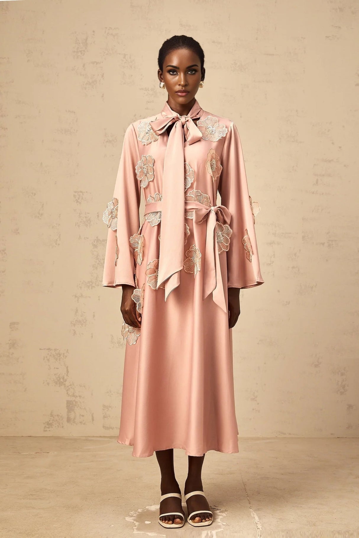 Zita Midi Dress Pink Floral Appliqu Embellished & Flared