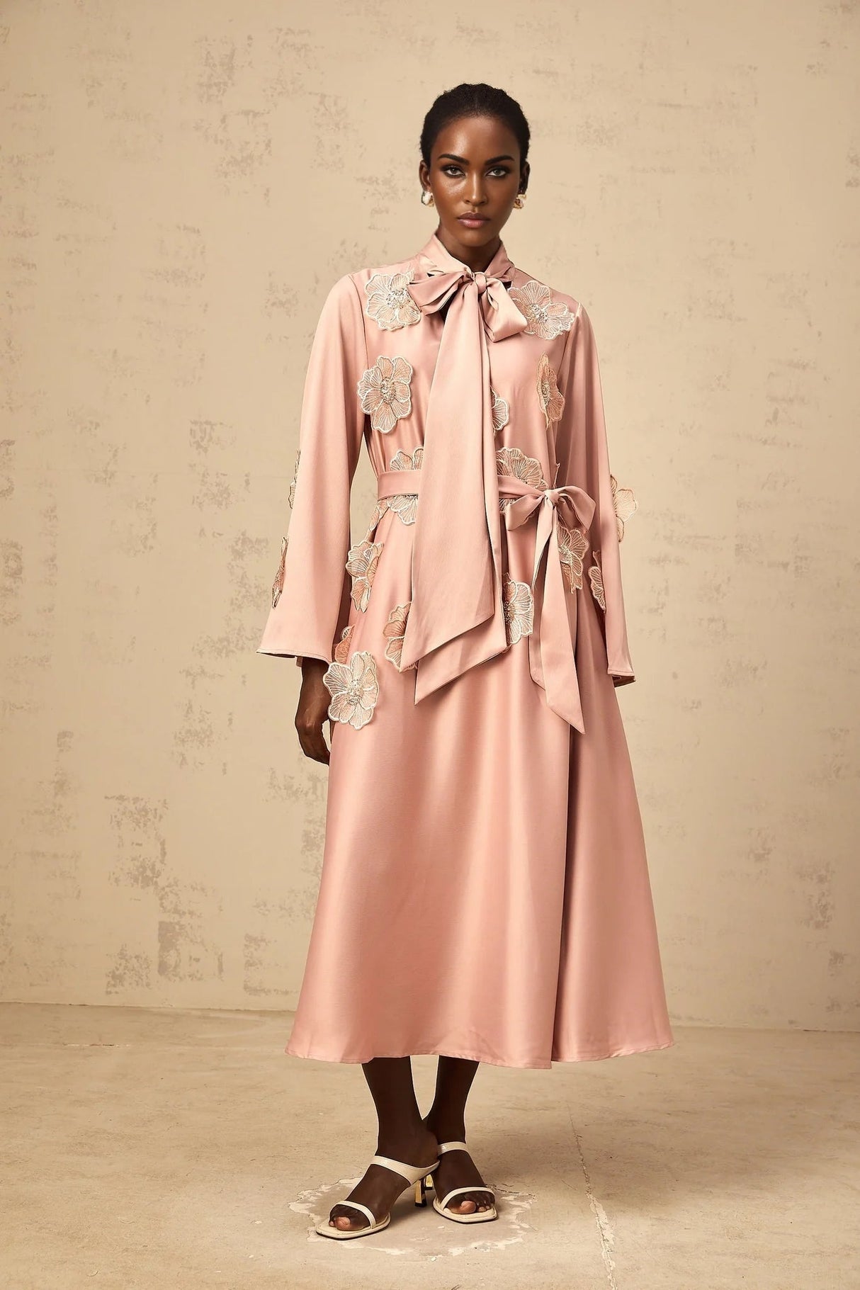 Zita Midi Dress Pink Floral Appliqu Embellished & Flared