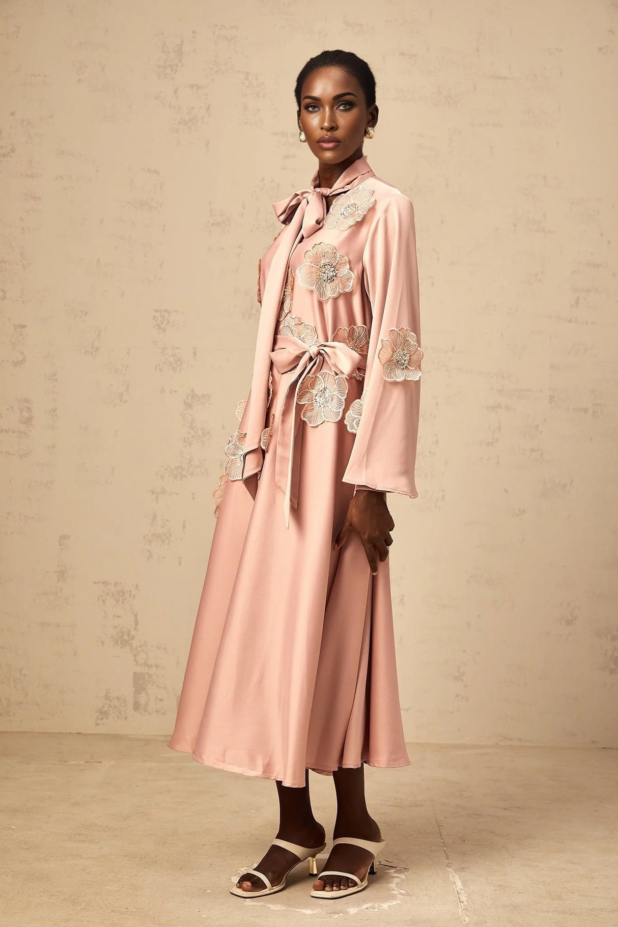 Zita Midi Dress Pink Floral Appliqu Embellished & Flared