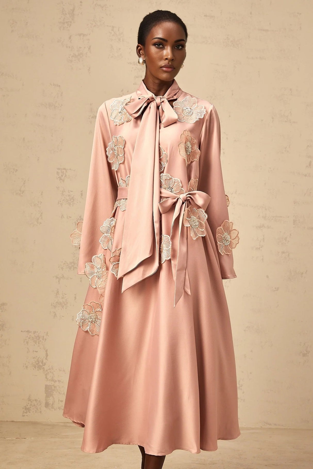 Zita Midi Dress Pink Floral Appliqu Embellished & Flared