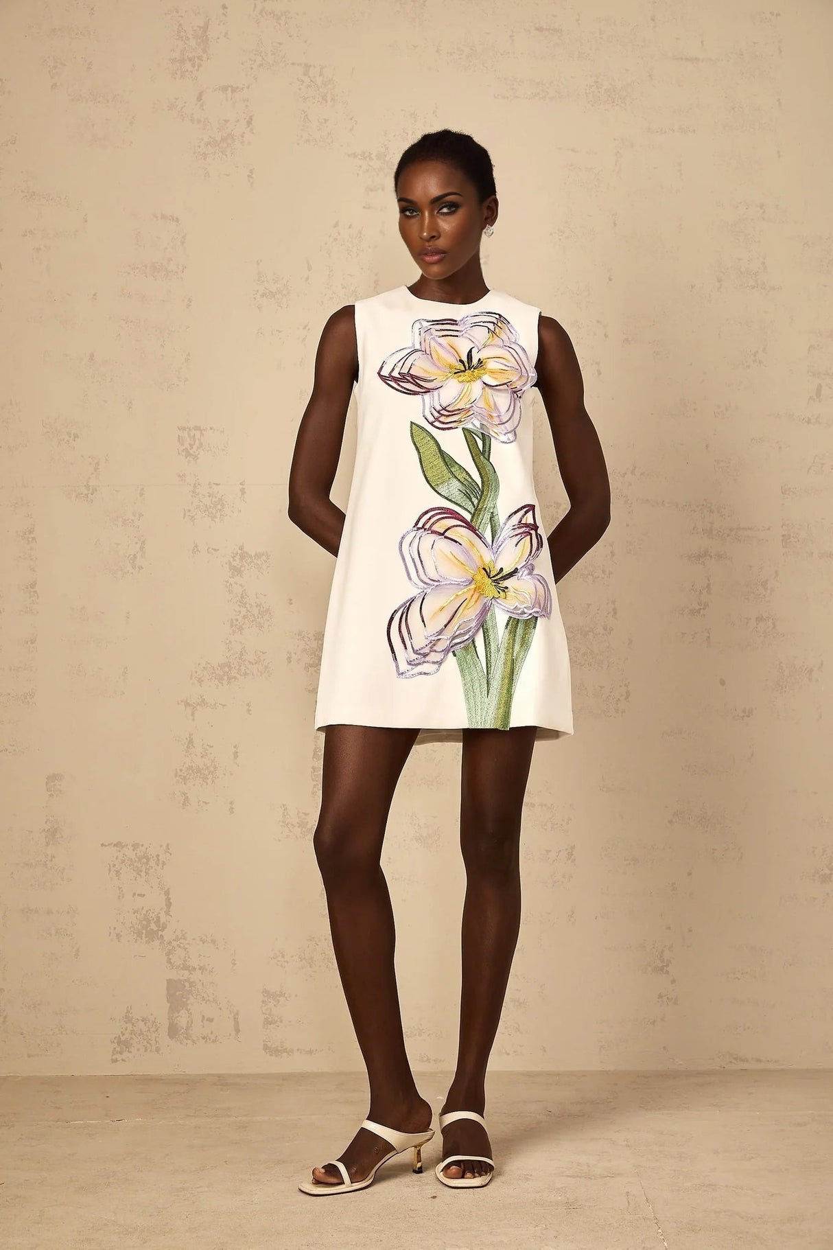 Zita Mini Dress White Sequin Floral Embroidered Open - back