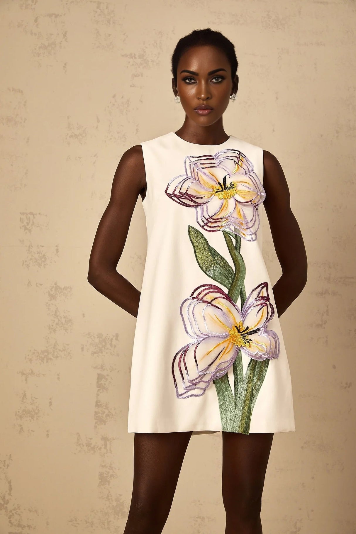 Zita Mini Dress White Sequin Floral Embroidered Open - back