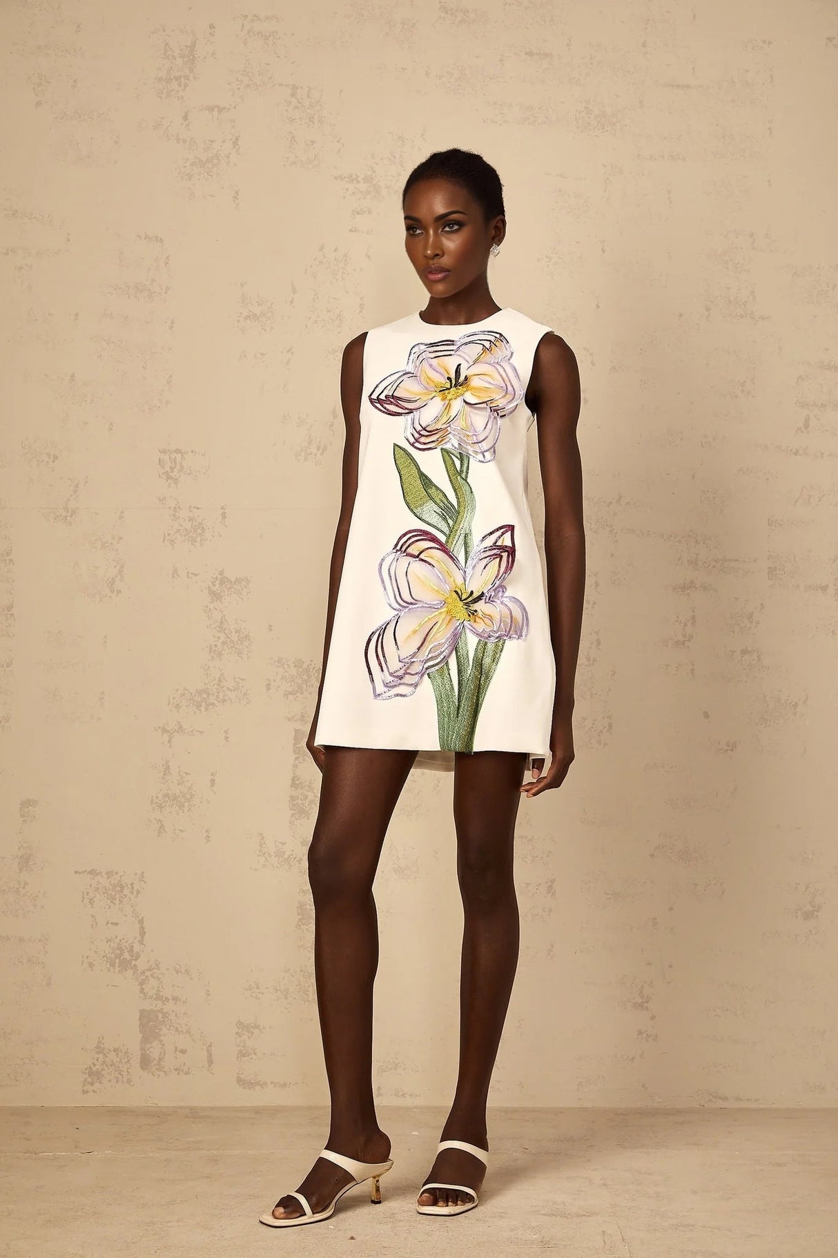 Zita Mini Dress White Sequin Floral Embroidered Open - back