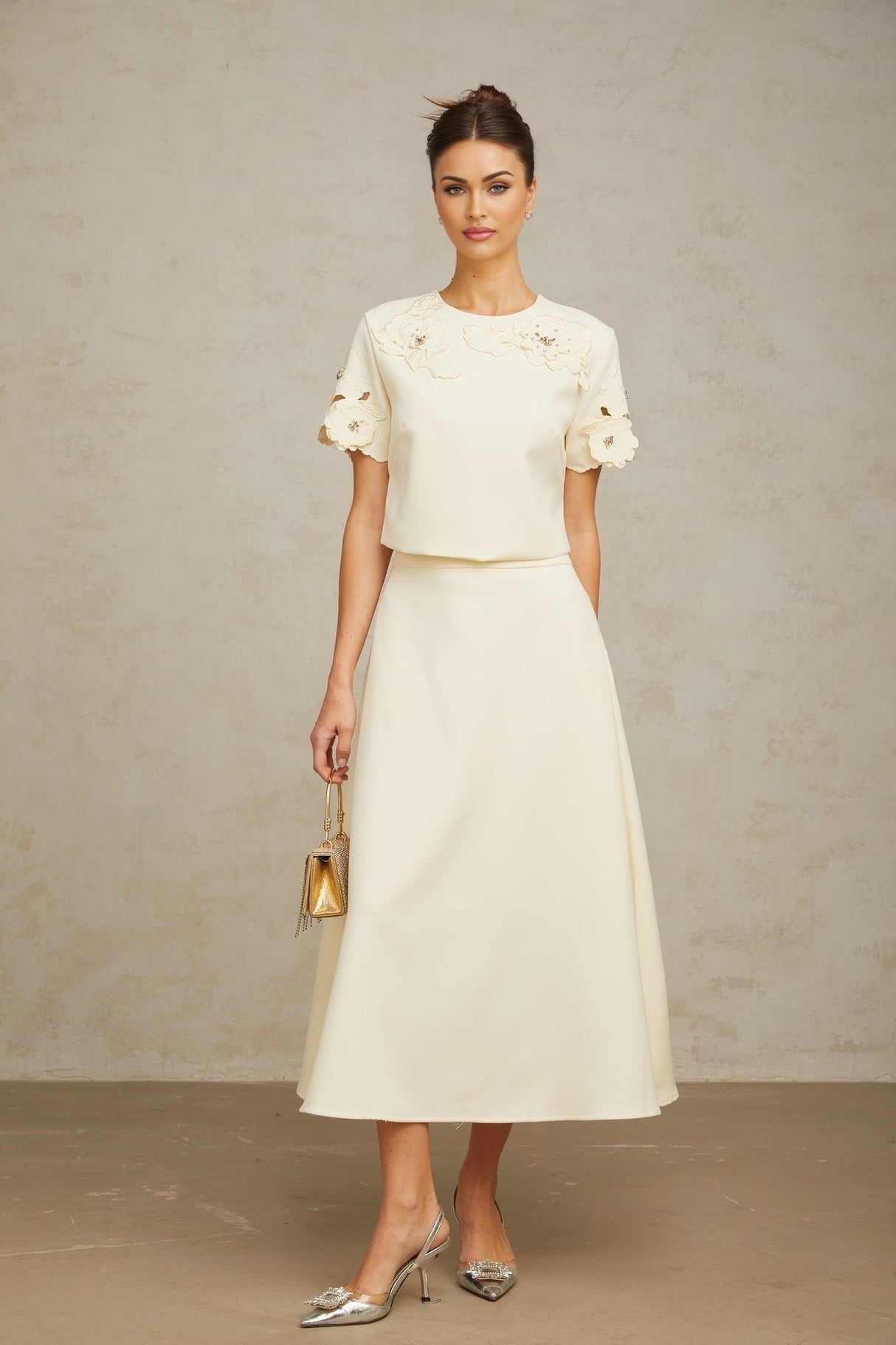 Zita Neutrals Skirt & Top Set 3D Petal Crystal Embellishment