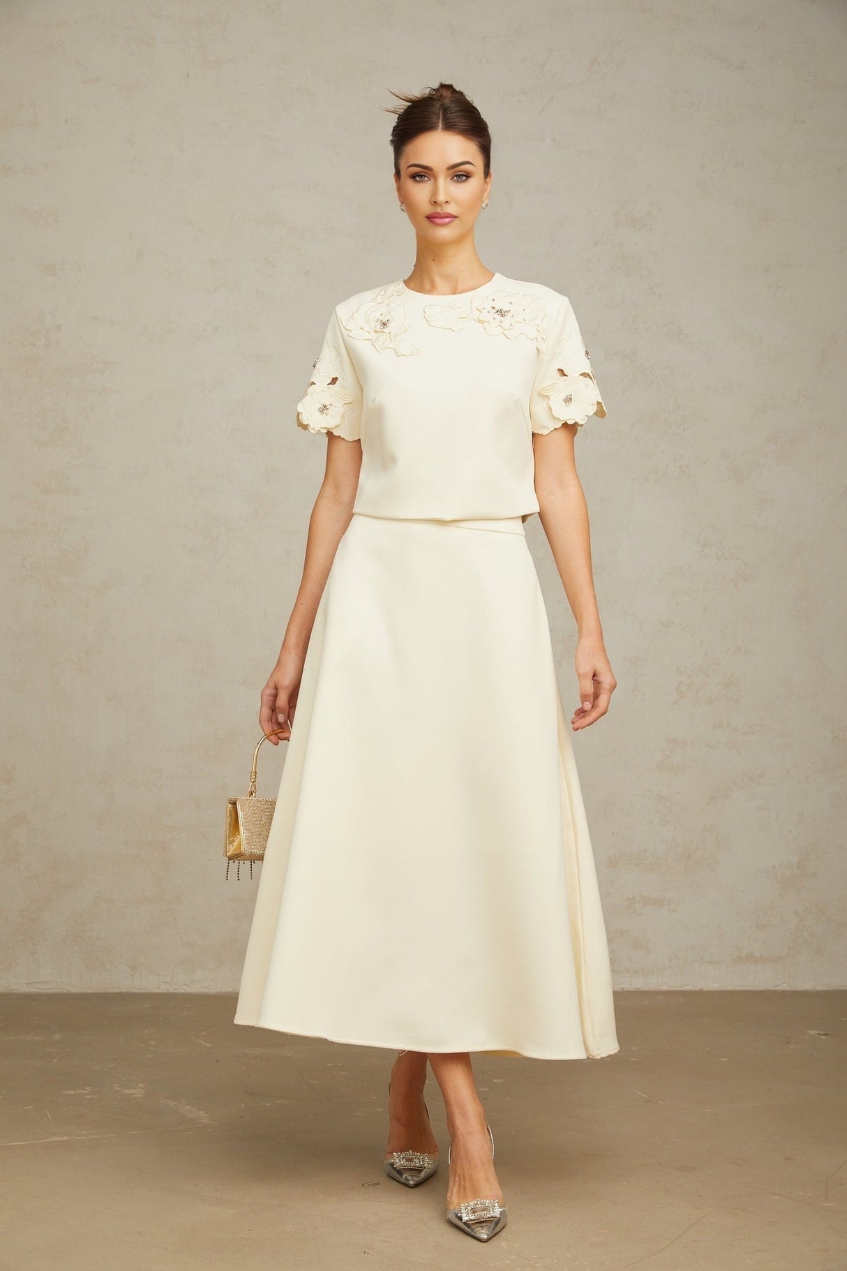 Zita Neutrals Skirt & Top Set 3D Petal Crystal Embellishment