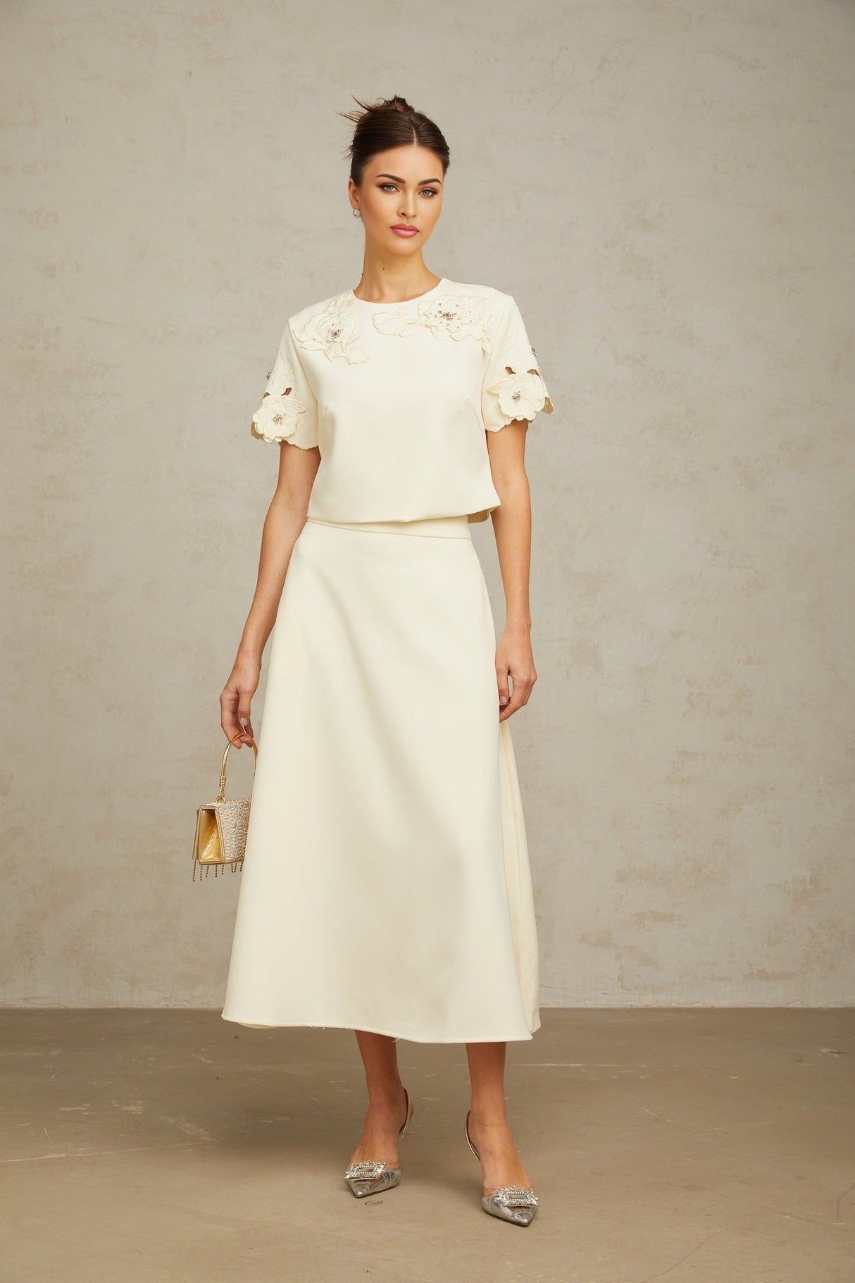 Zita Neutrals Skirt & Top Set 3D Petal Crystal Embellishment