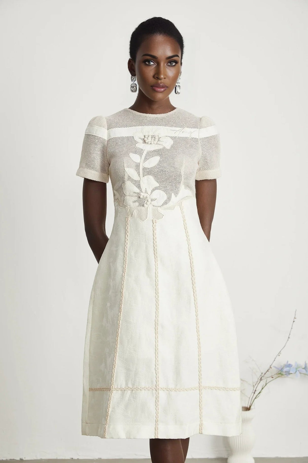 Zoe Floral Embroidery A - Line Midi Dress