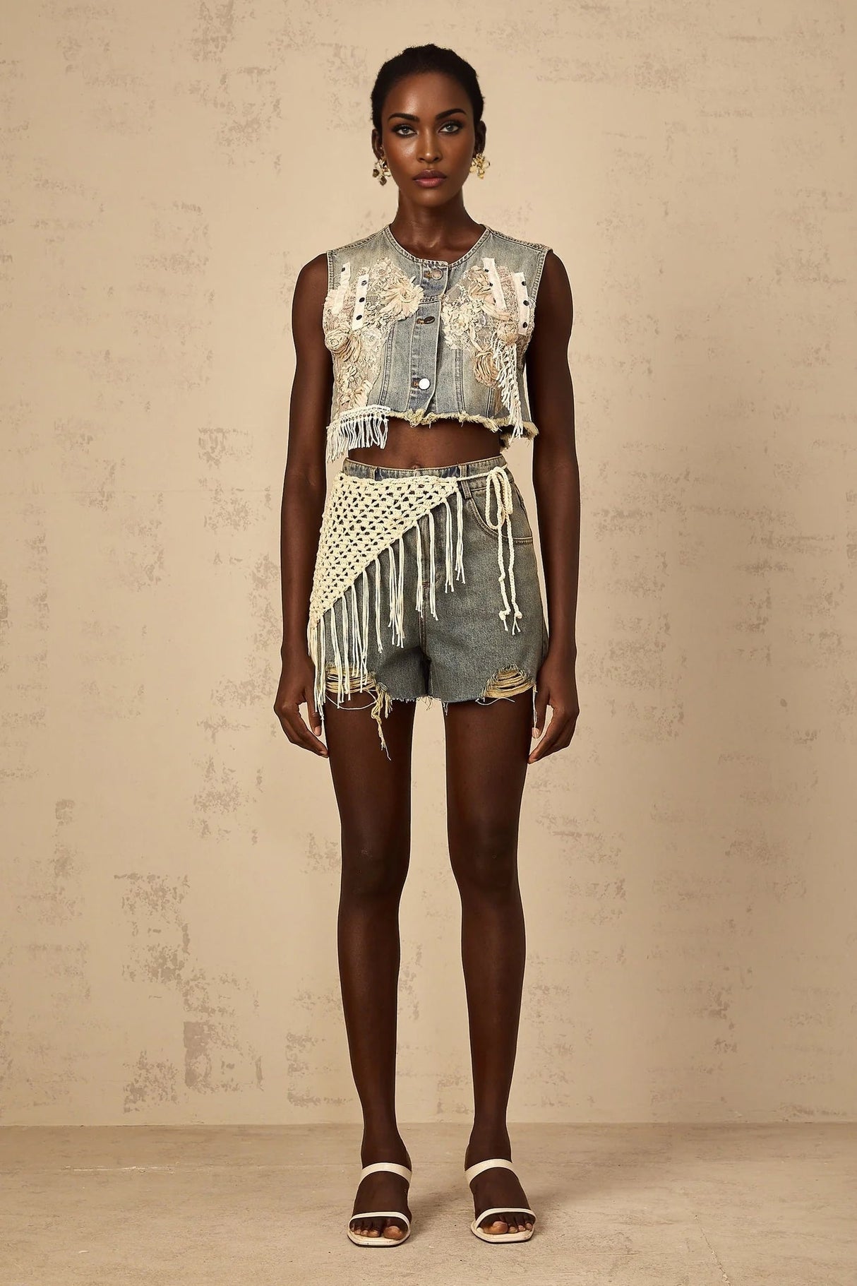 Zoey Denim Shorts Blue Boho Fringed Crochet Belt High Rise & Frayed Edge