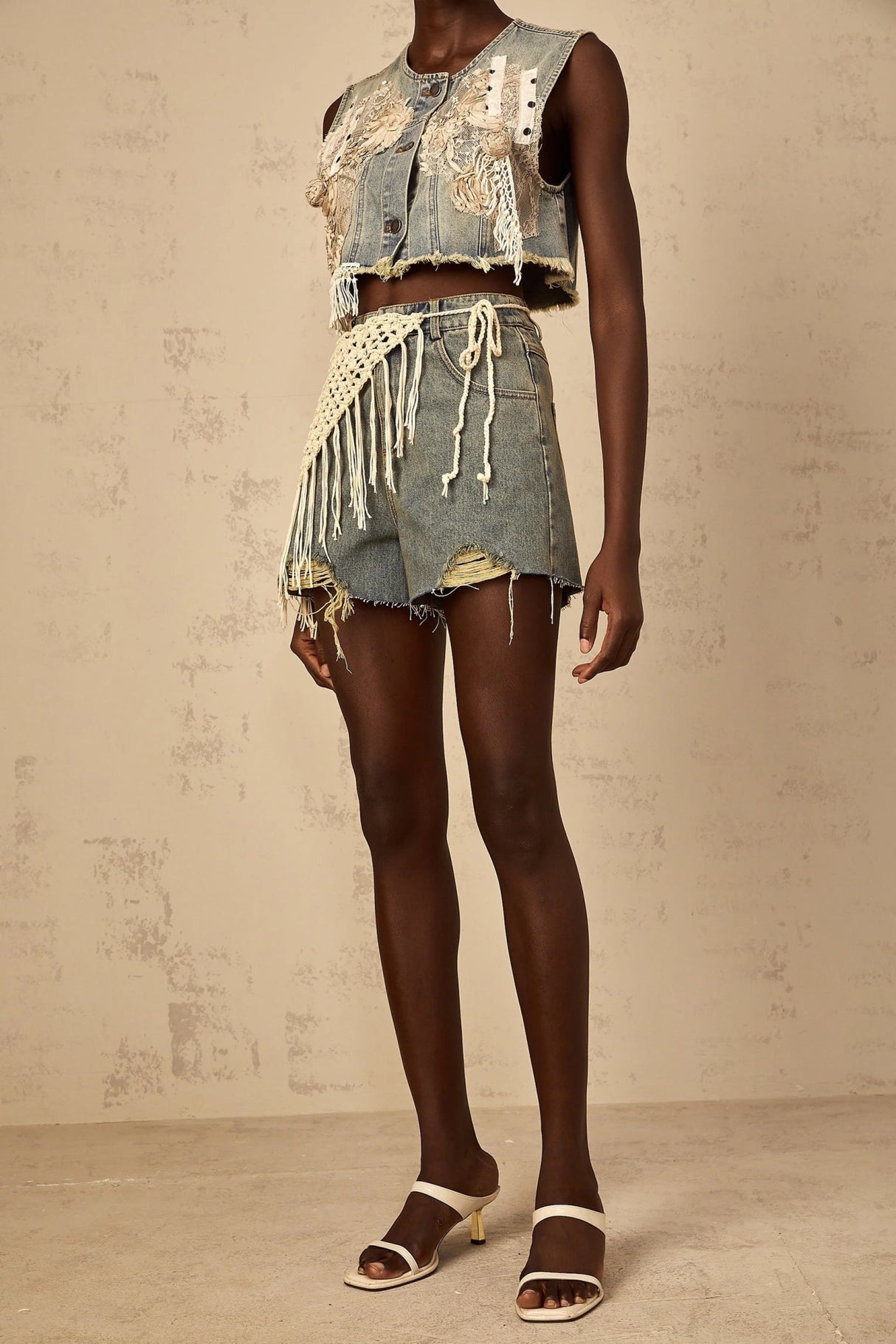 Zoey Denim Shorts Blue Boho Fringed Crochet Belt High Rise & Frayed Edge