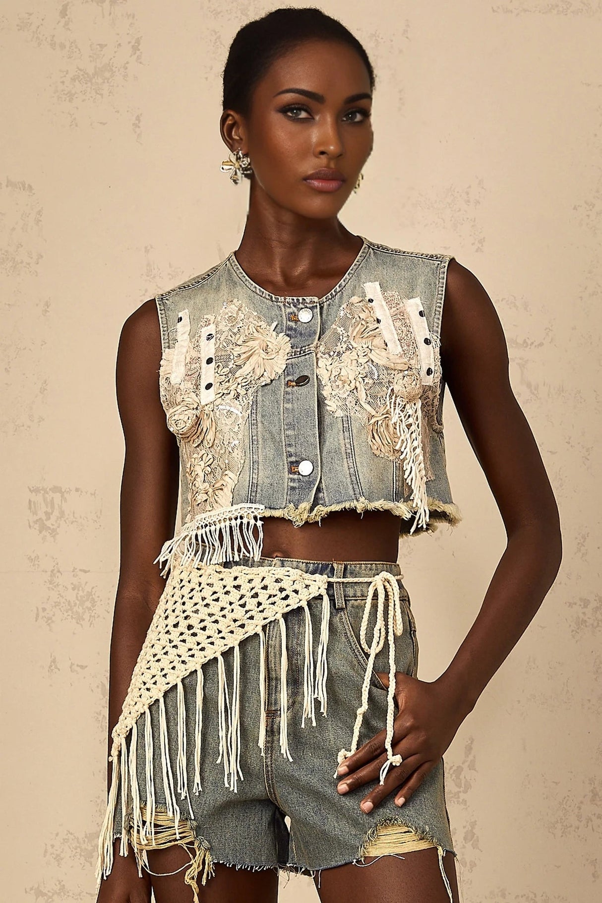 Zoey Denim Shorts Blue Boho Fringed Crochet Belt High Rise & Frayed Edge