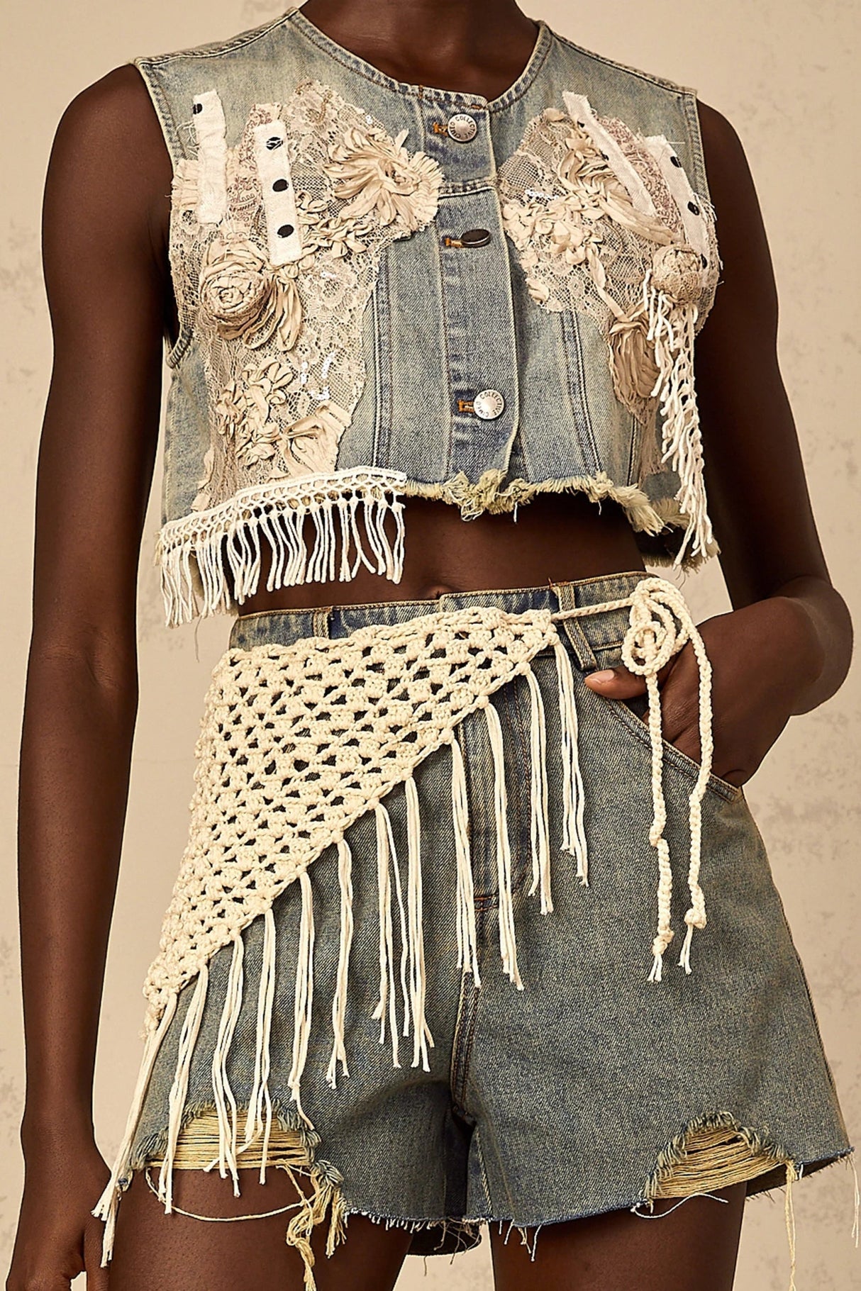 Zoey Denim Shorts Blue Boho Fringed Crochet Belt High Rise & Frayed Edge