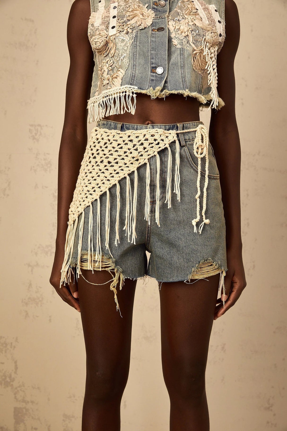 Zoey Denim Shorts Blue Boho Fringed Crochet Belt High Rise & Frayed Edge