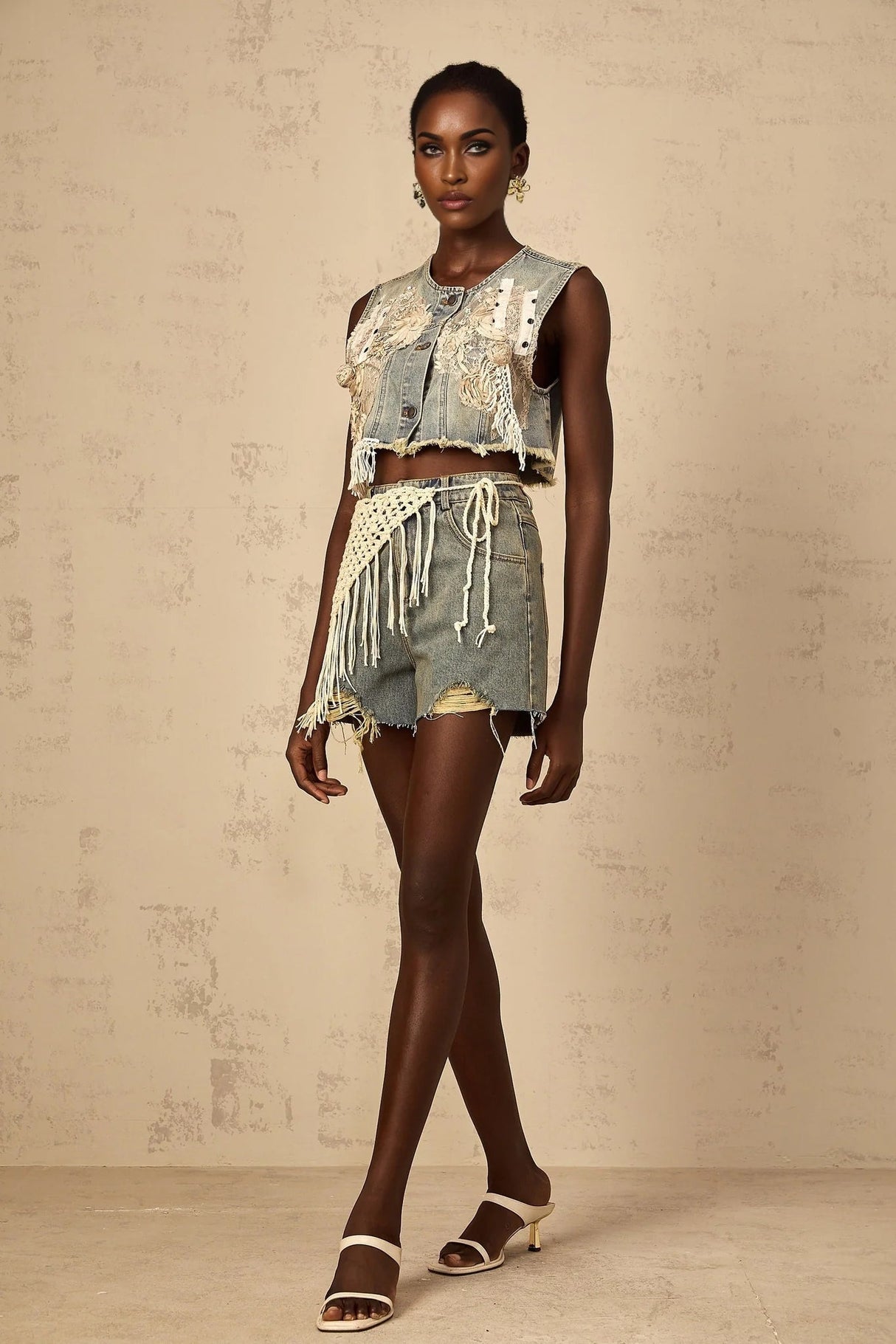 Zoey Denim Shorts Blue Boho Fringed Crochet Belt High Rise & Frayed Edge