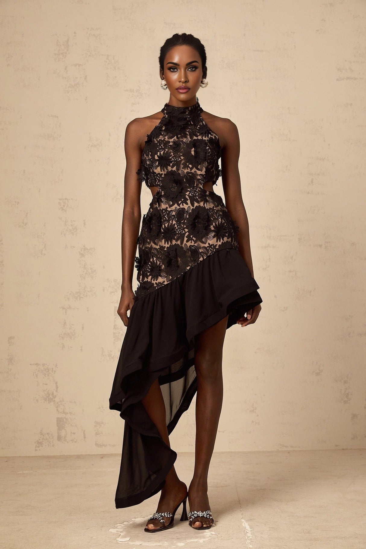 Zoey Floral Midi Dress Black Halterneck with Asymmetric Ruffle Hem & Crystal Details