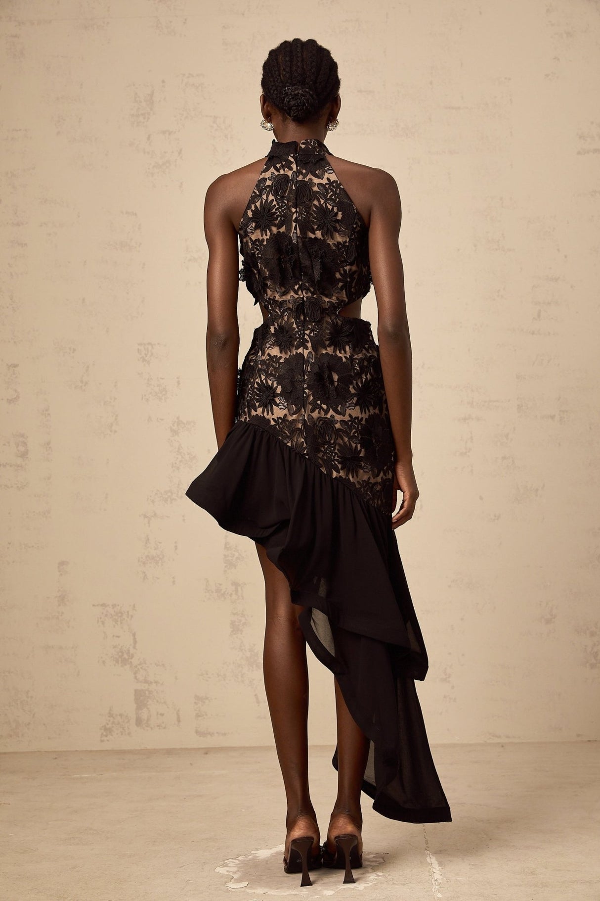 Zoey Floral Midi Dress Black Halterneck with Asymmetric Ruffle Hem & Crystal Details