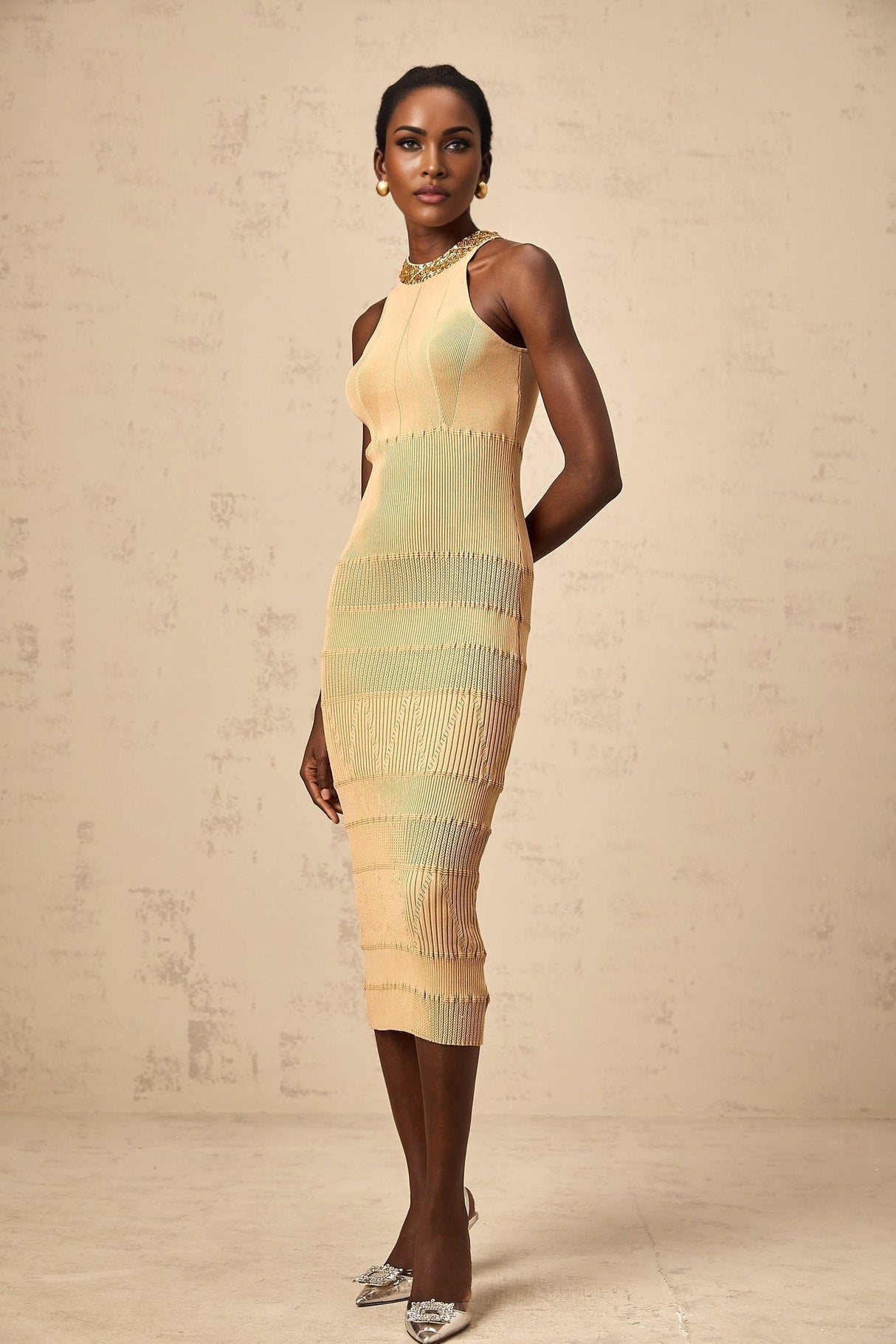 Zoey Midi Dress Gold Sequin Halterneck Ribbed Calf Length