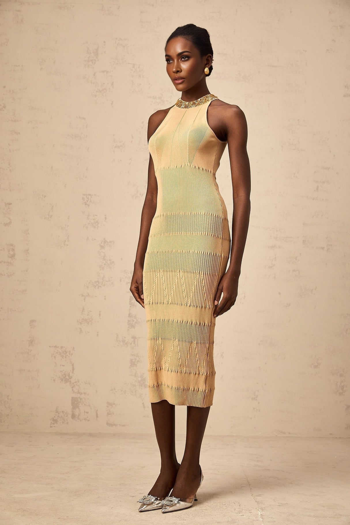 Zoey Midi Dress Gold Sequin Halterneck Ribbed Calf Length